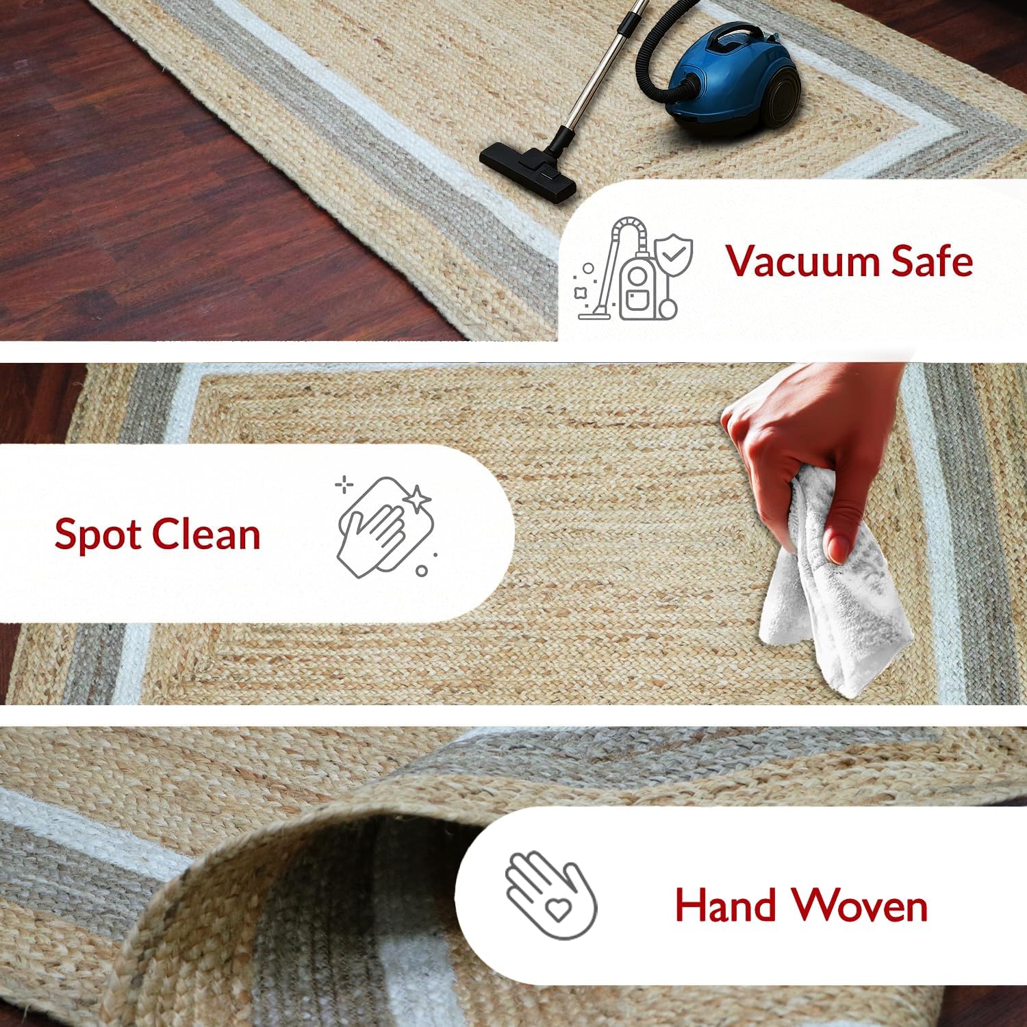 voyzz home 5X8 Feet-Rectangular, Premium Natural Jute High Traffic Braided Area Rug, Stain Resistance, Handmade Rug for Entryways,Living Room,Dining Room,Bedroom,Farmhouse (Natural & Grey & Ivory)