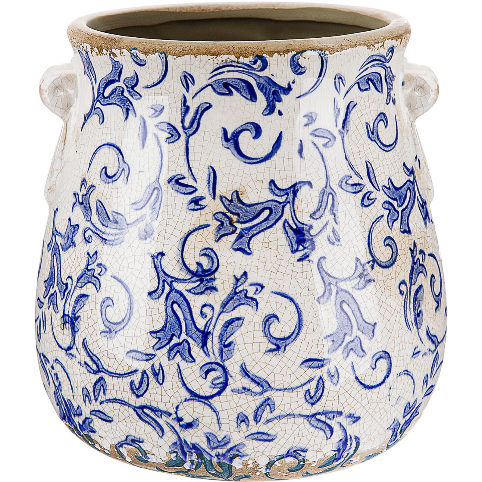 Ceramic Scroll Planter 6.5 Inch Chinoiserie Floral Vase with Drainage Holes Vintage Flower Vase Flower Pot Rustic Ceramic Pots for Indoor Plants Garden Home Bookshelf Decor(Retro Gray)