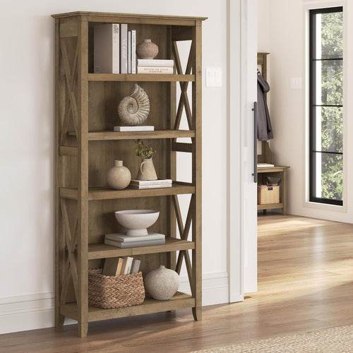 Bush Home Tall 5 Shelf Bookcase for Living Room or Home Office, Large Bookshelf, Modern Farmhouse Style, Key West Collection, Reclaimed Pine
