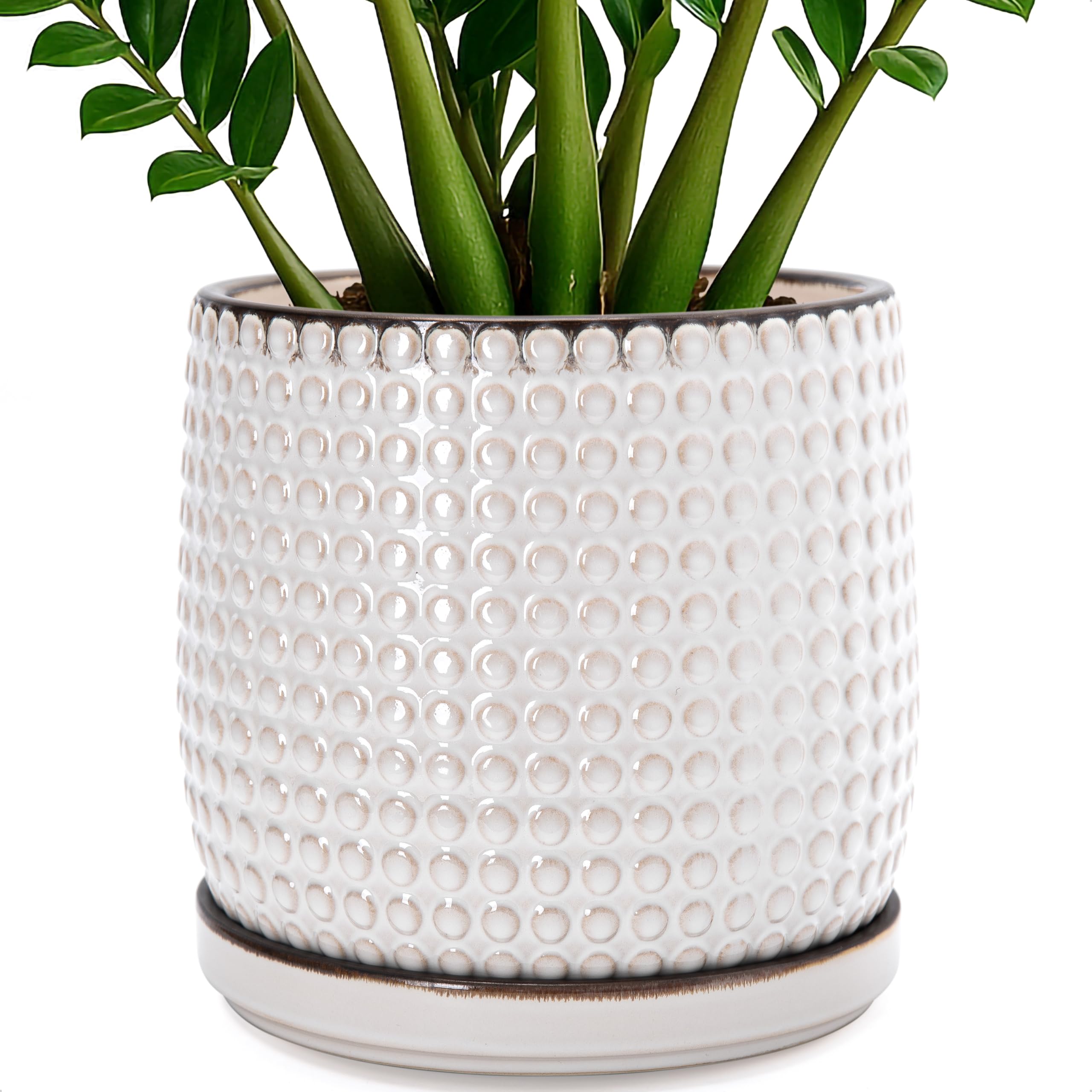 D'vine Dev 4 Inch Ceramic Beaded Stoneware Planter Pot - Flower Pot with Drainage Holes and Saucers for Indoor Succulent Plants or Flowers, Smoked White, 27-C-Z-1