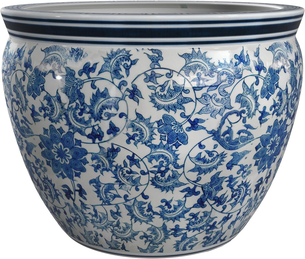 Red Lantern 14" Floral Blue & White Porcelain Fishbowl Planter or Cachepot for Indoor/Outdoor Use in Garden Entryway Living Room Boho Eclectic Modern Contemporary Classic Traditional Style Decor