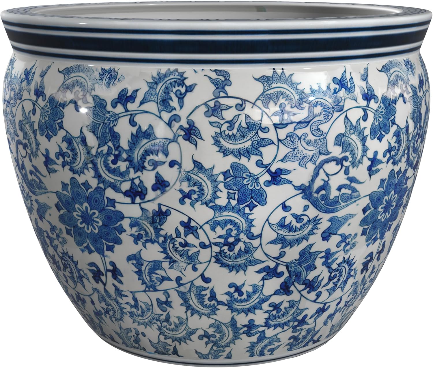 Red Lantern 14" Floral Blue & White Porcelain Fishbowl Planter or Cachepot for Indoor/Outdoor Use in Garden Entryway Living Room Boho Eclectic Modern Contemporary Classic Traditional Style Decor