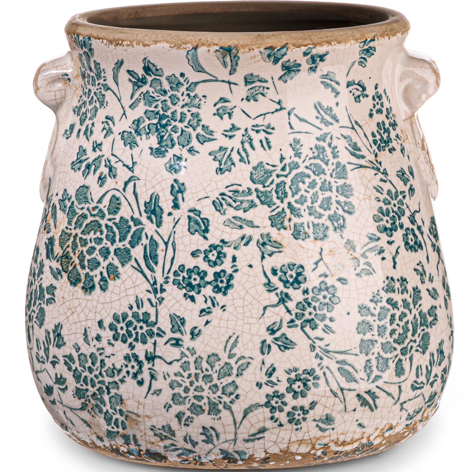 Ceramic Scroll Planter 6.5 Inch Chinoiserie Floral Vase with Drainage Holes Vintage Flower Vase Flower Pot Rustic Ceramic Pots for Indoor Plants Garden Home Bookshelf Decor(Retro Gray)
