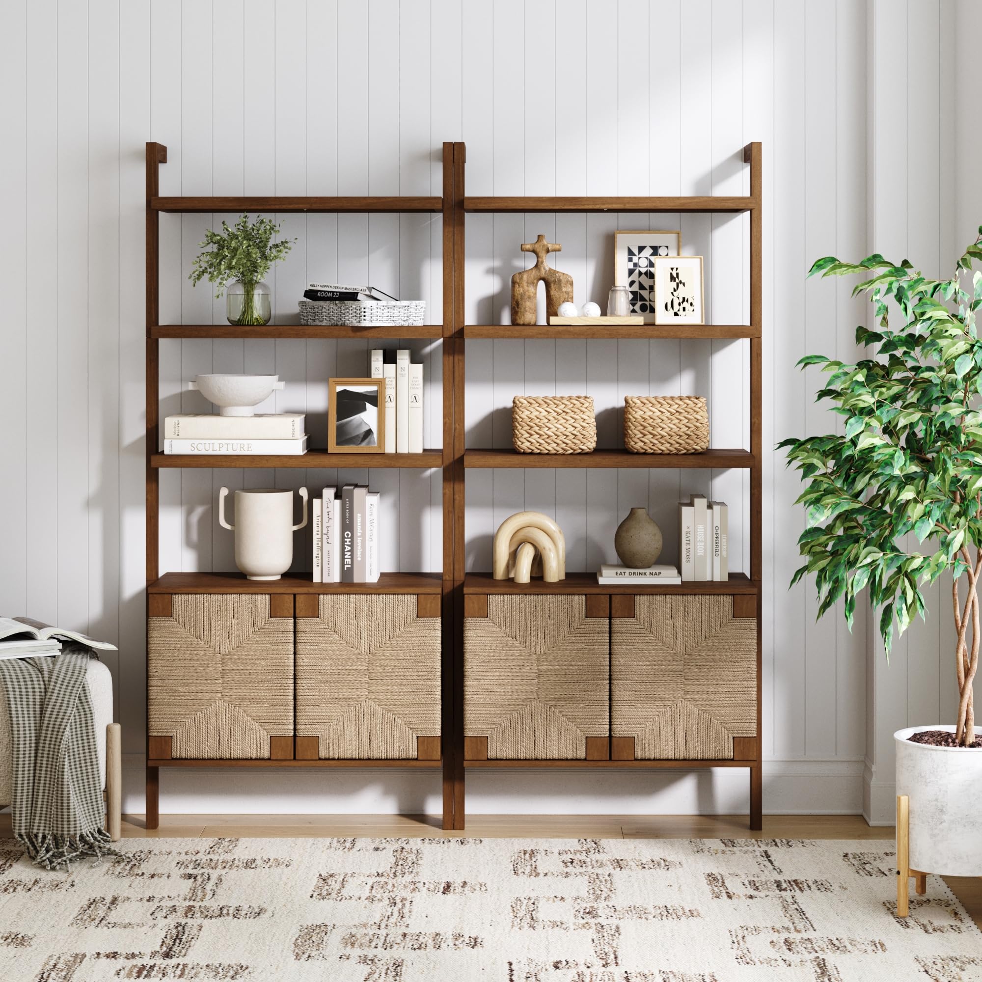 Nathan James Beacon Bohemian 5 Tier Bookshelf, Wall Mounted Bookcase, Solid Wood Bookshelf in Warm Pine