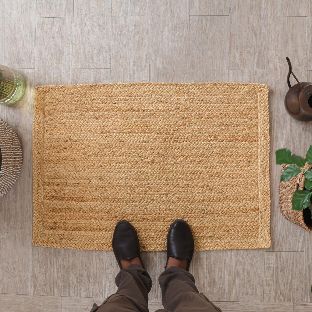 HOMEMONDE Handwoven Jute Area Rug - 4 feet Round Natural Yarn Loom Braided Rug - Eco-Friendly Boho Farmhouse Reversible Design for Bedroom, Living Room, and Kitchen (Natural)