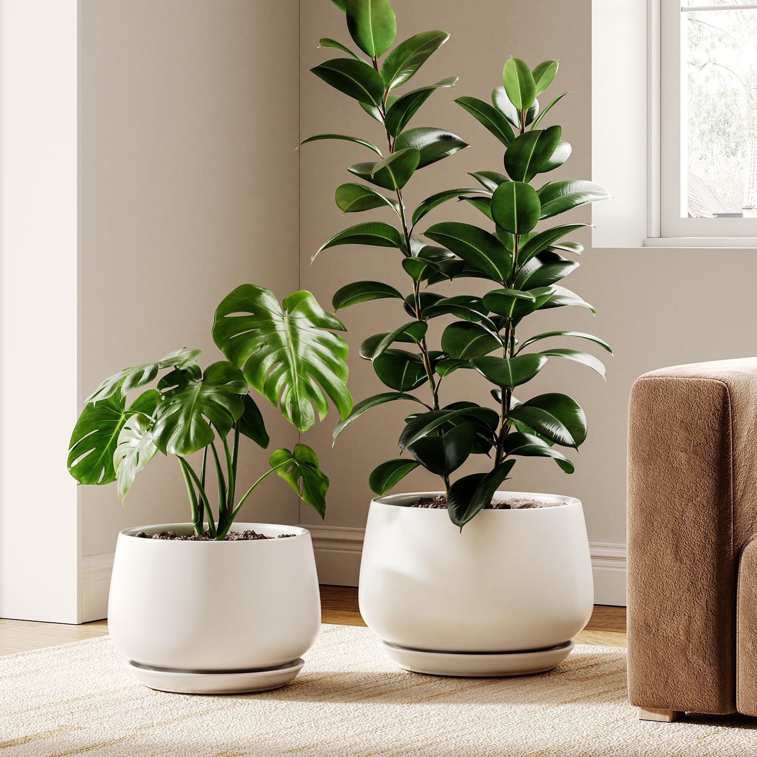 LE TAUCI Ceramic Plant Pots, Set of 2, 10 + 12 Inch Plant Pot, Elegant Planters for Indoor Plants, Sturdy Planter with Drainage Hole and Saucers, Perfect for Home Decor, Reactive Glaze Beige