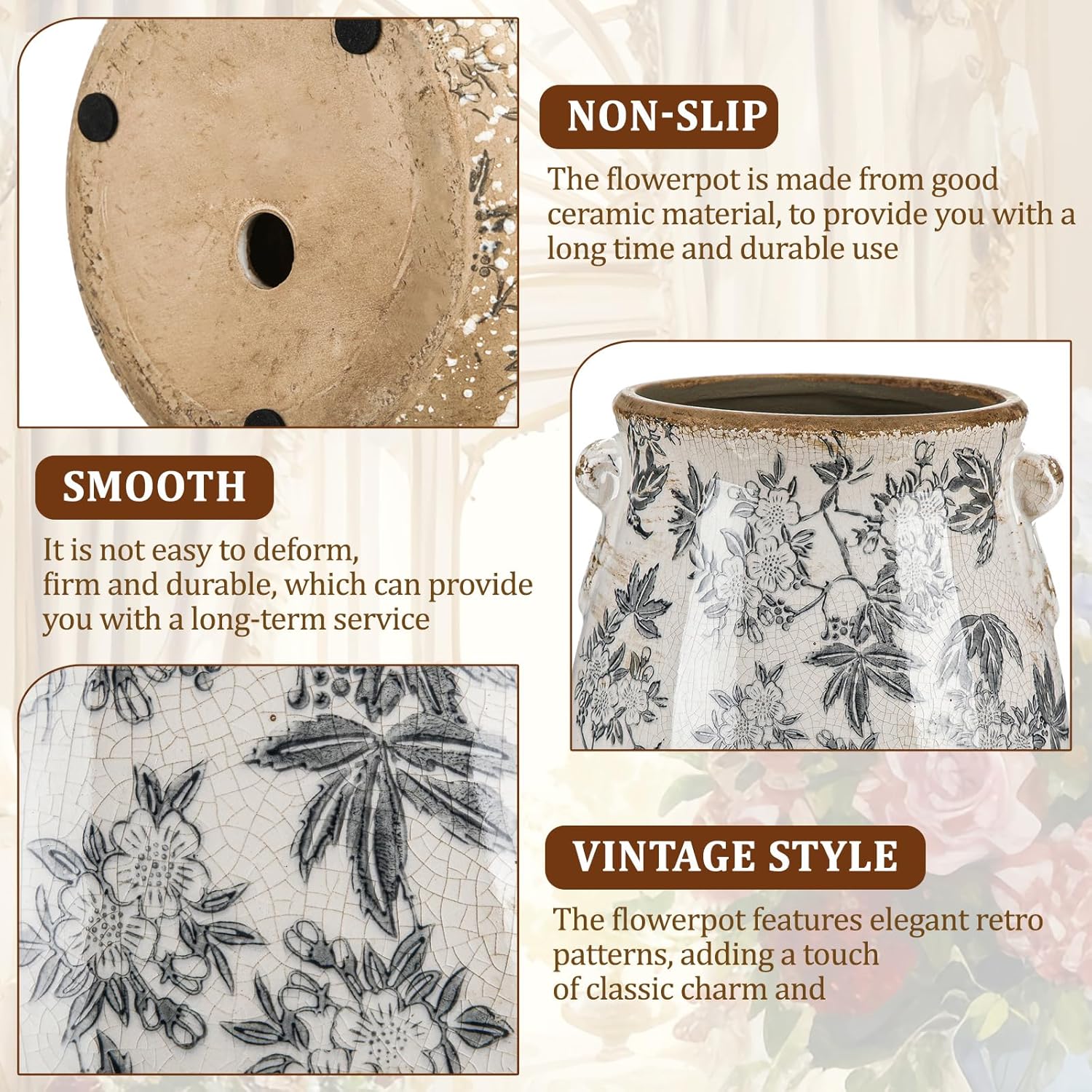 Ceramic Scroll Planter 6.5 Inch Chinoiserie Floral Vase with Drainage Holes Vintage Flower Vase Flower Pot Rustic Ceramic Pots for Indoor Plants Garden Home Bookshelf Decor(Retro Gray)