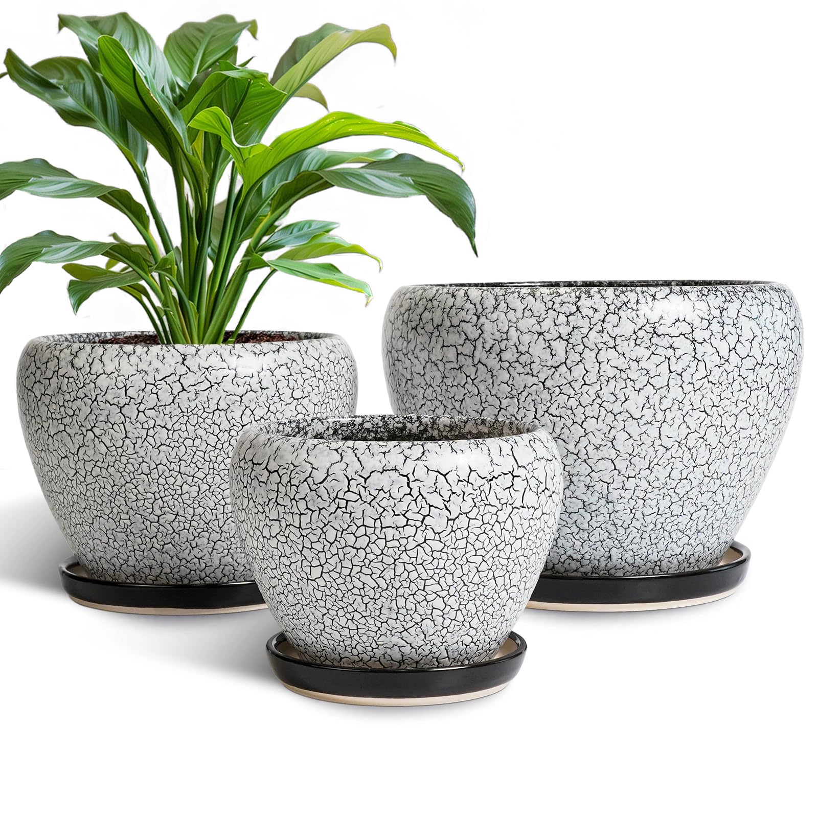 Ceramic Plant Pots Indoor, 10 Inch 8 Inch 6 Inch Round Planters Pots for Indoor Outdoor Plants, Modern Large Flower Pots with Drainage Holes and Saucers, Set of 3, Blue
