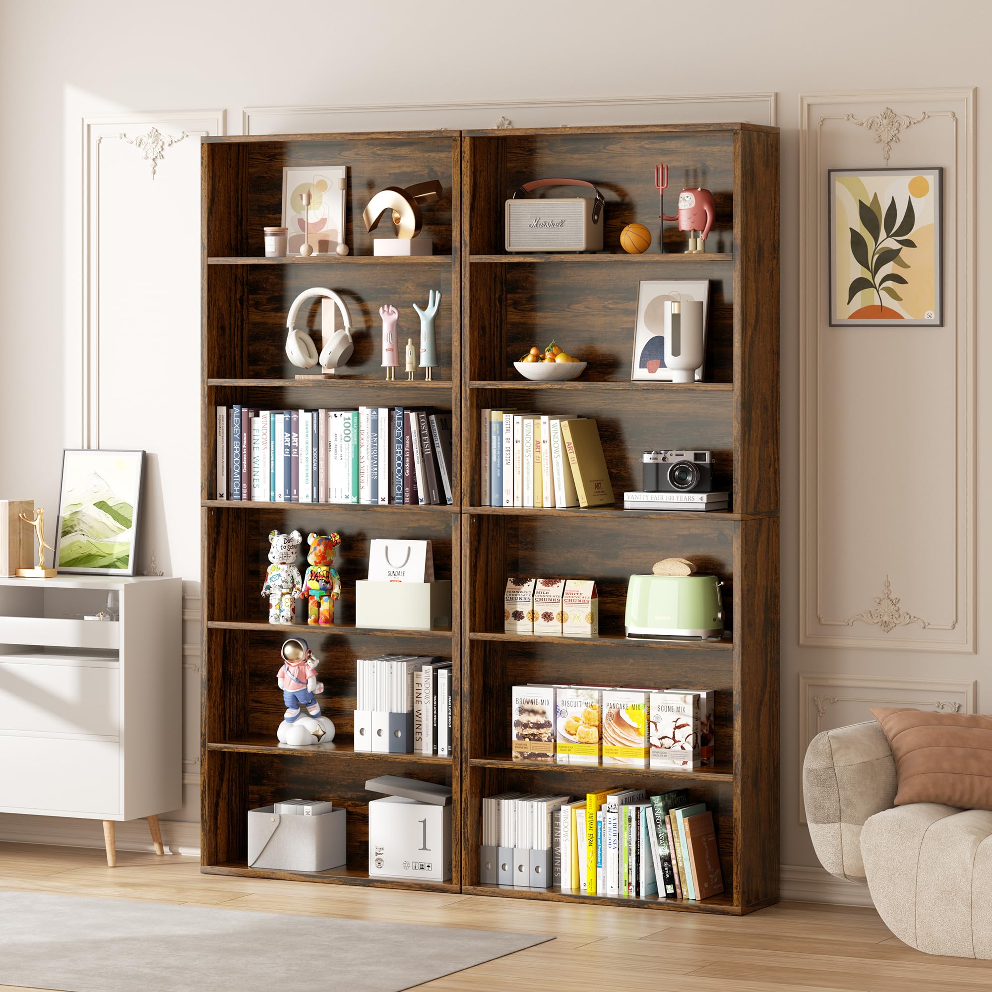 Vongrasig 6-Tier Open Bookcase and Bookshelf, Floor Standing Wood Display Storage Shelves 71 Inch Tall Bookcase Home Decor Furniture for Home Office, Living Room, Bed Room, Rustic Brown