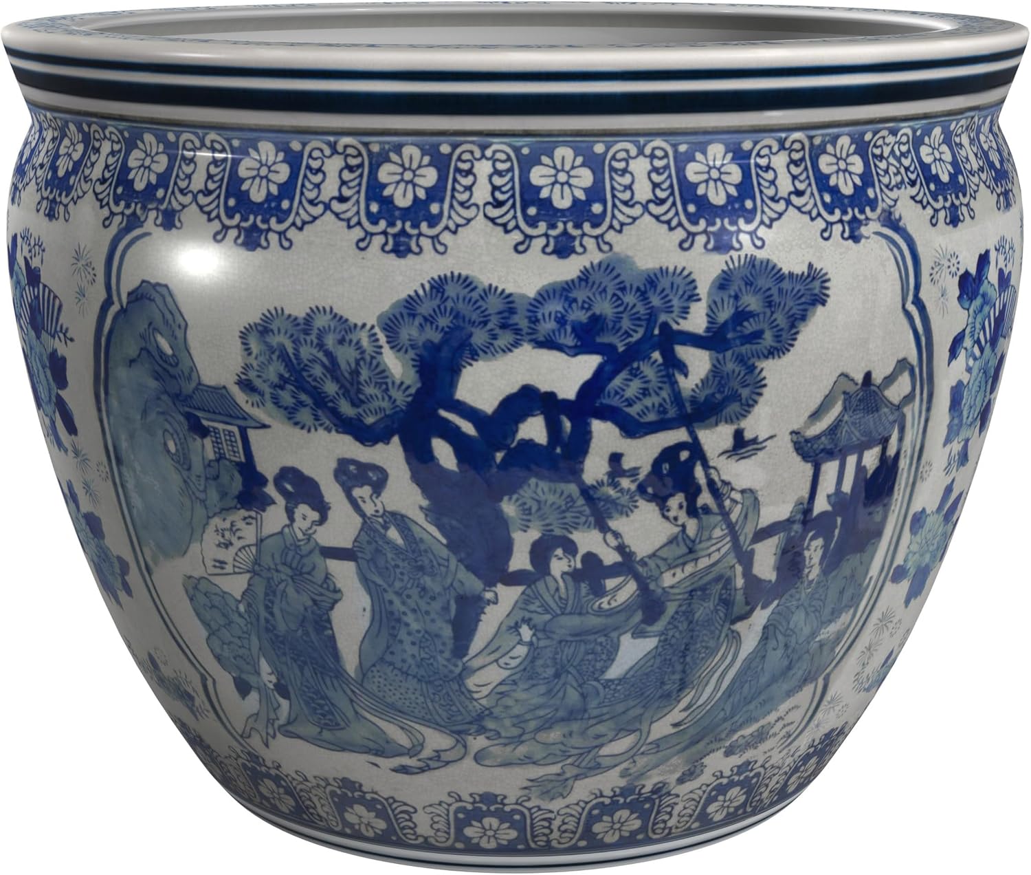 Red Lantern 12" Ladies Blue & White Porcelain Fishbowl Planter or Cachepot for Indoor/Outdoor Use in Garden Entryway Living Room Boho Eclectic Modern Contemporary Classic Traditional Style Decor