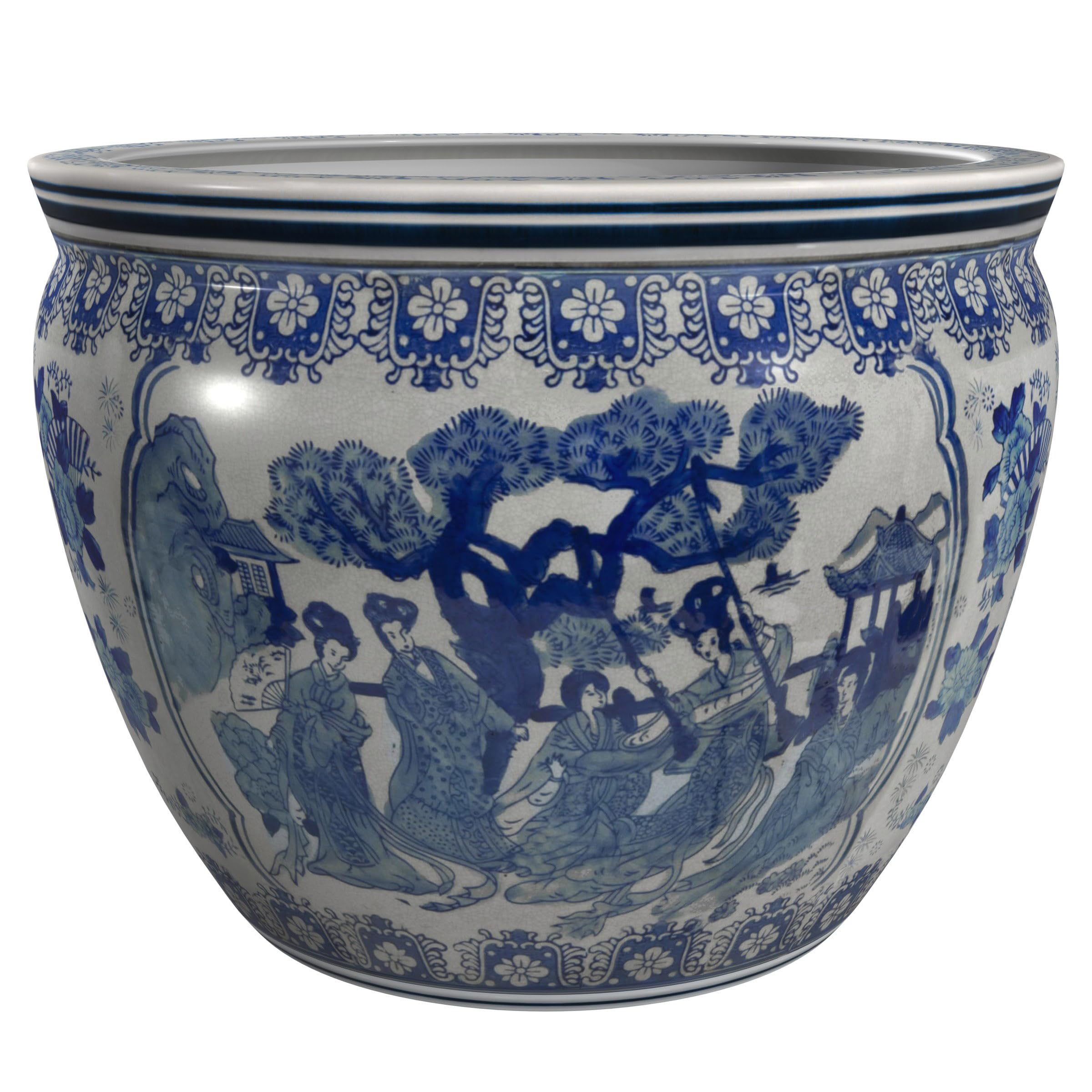 Red Lantern 12" Ladies Blue & White Porcelain Fishbowl Planter or Cachepot for Indoor/Outdoor Use in Garden Entryway Living Room Boho Eclectic Modern Contemporary Classic Traditional Style Decor