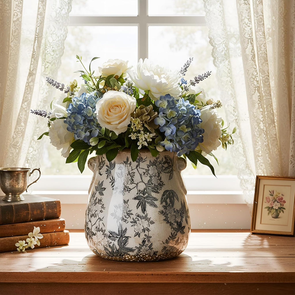 Ceramic Scroll Planter 6.5 Inch Chinoiserie Floral Vase with Drainage Holes Vintage Flower Vase Flower Pot Rustic Ceramic Pots for Indoor Plants Garden Home Bookshelf Decor(Retro Gray)