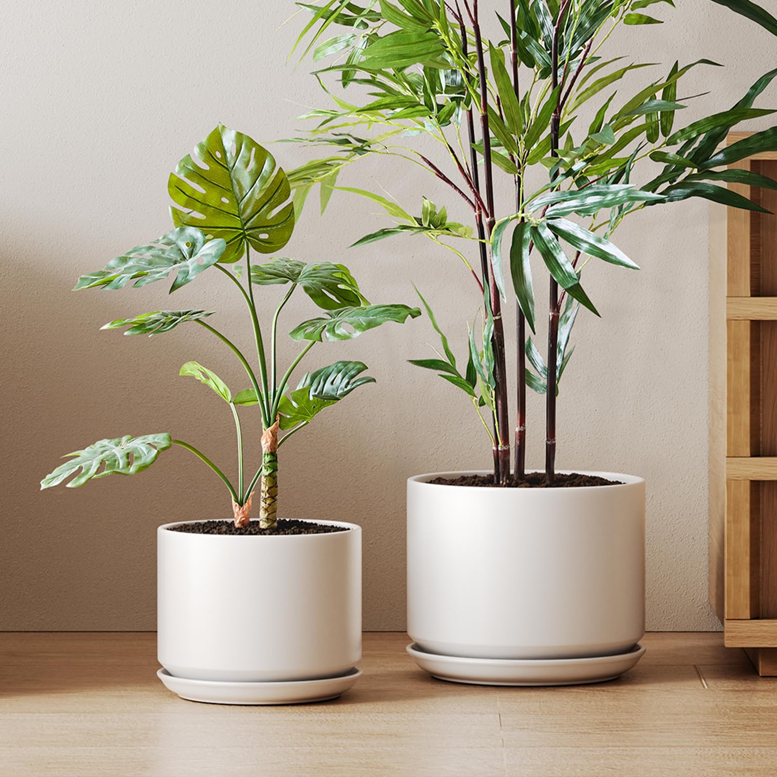 LE TAUCI 12 Inch Pots for Plants, Ceramic Plant Pots with Drainage Holes and Saucers, Elegant and Durable Large Plant Pot, Perfect for Home & Office Decor, White