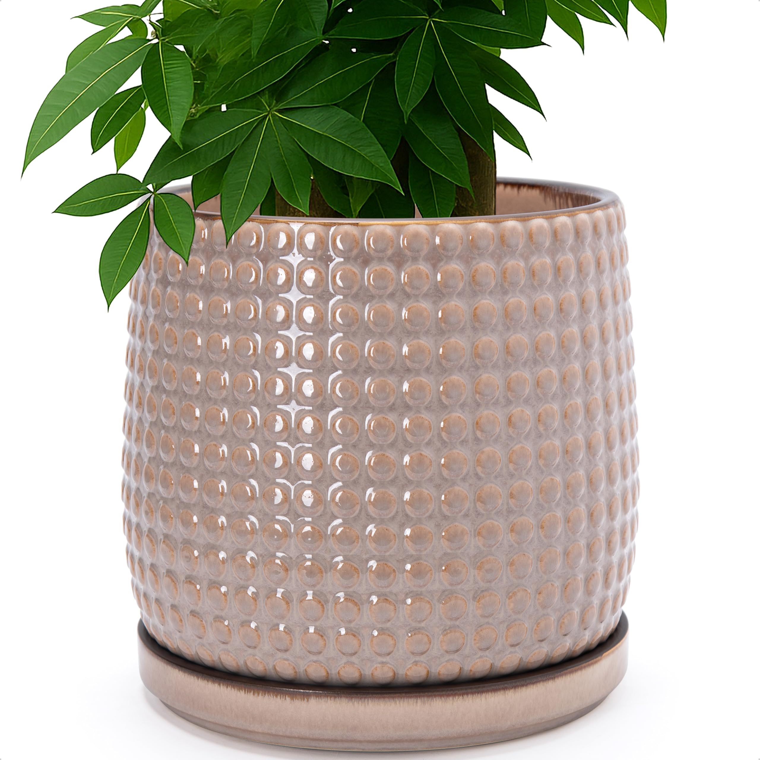 D'vine Dev 4 Inch Ceramic Beaded Stoneware Planter Pot - Flower Pot with Drainage Holes and Saucers for Indoor Succulent Plants or Flowers, Smoked White, 27-C-Z-1