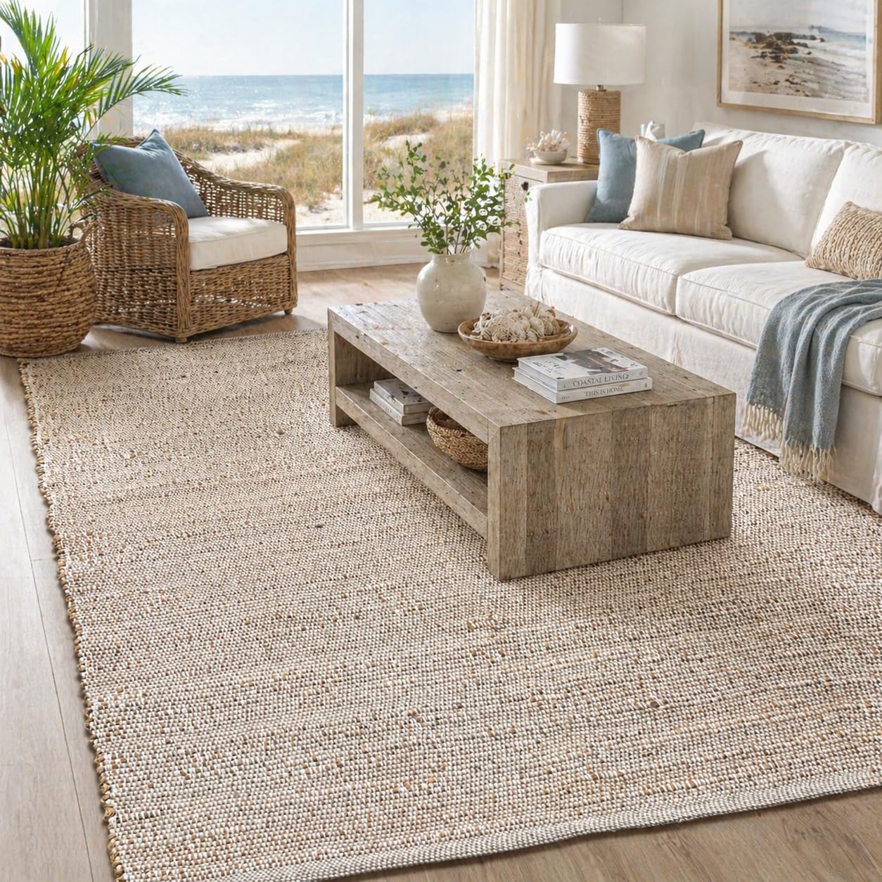 Chardin home 5x7 Jute Cotton Hand Woven Area Rug, Natural Jute Braided Boho Farmhouse Rug, Rustic Vintage Reversible Natural Fiber Rug for Living Room, Bedroom, Dining Room, Office, or Entryway.