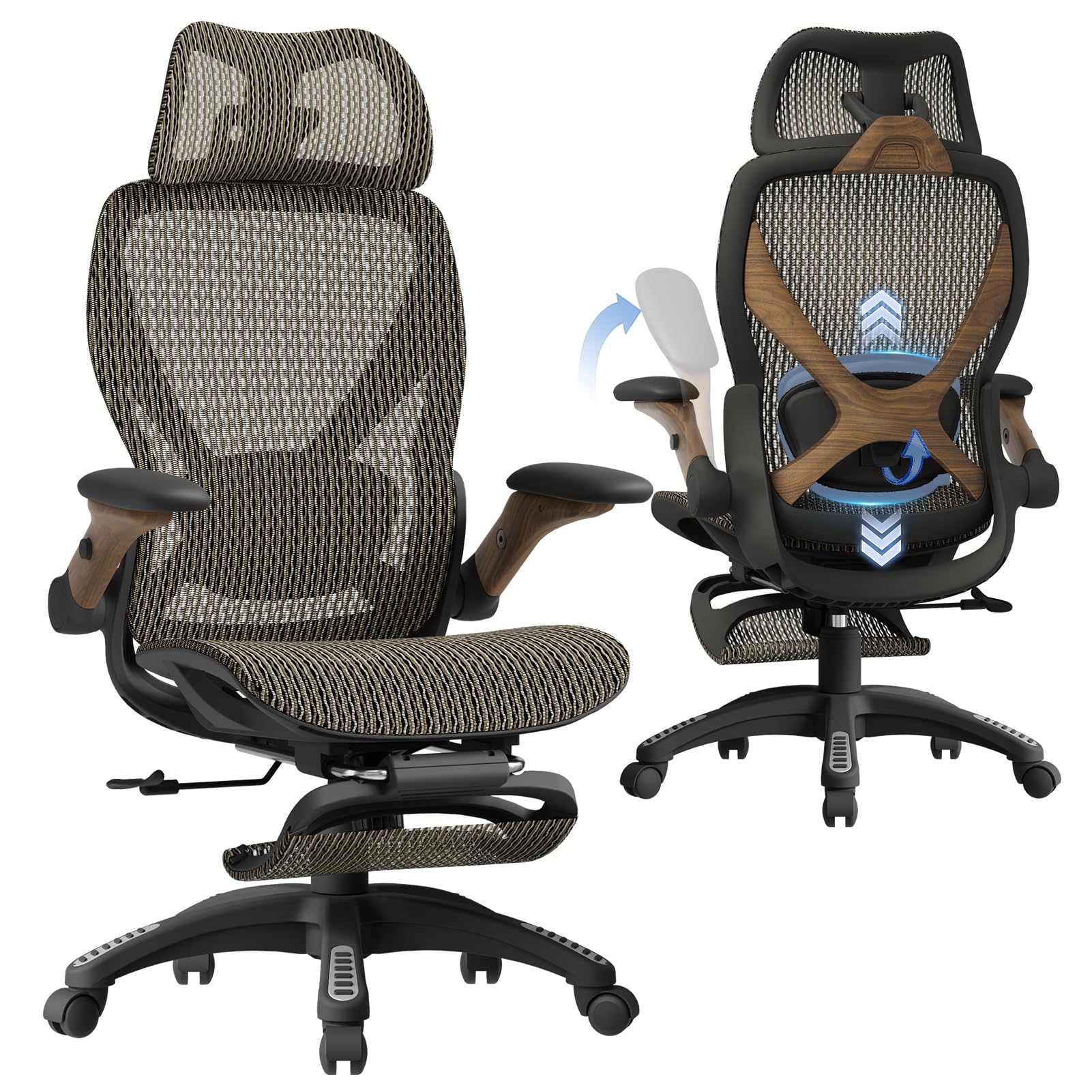ELABEST X100 Ergonomic Mesh Office Chair with Footrest, Big and Tall Hone Desk Chair with 5D Flip-Up Arms, Adjustable 3D Lumbar Support,Gaming & Executive Computer Chairs