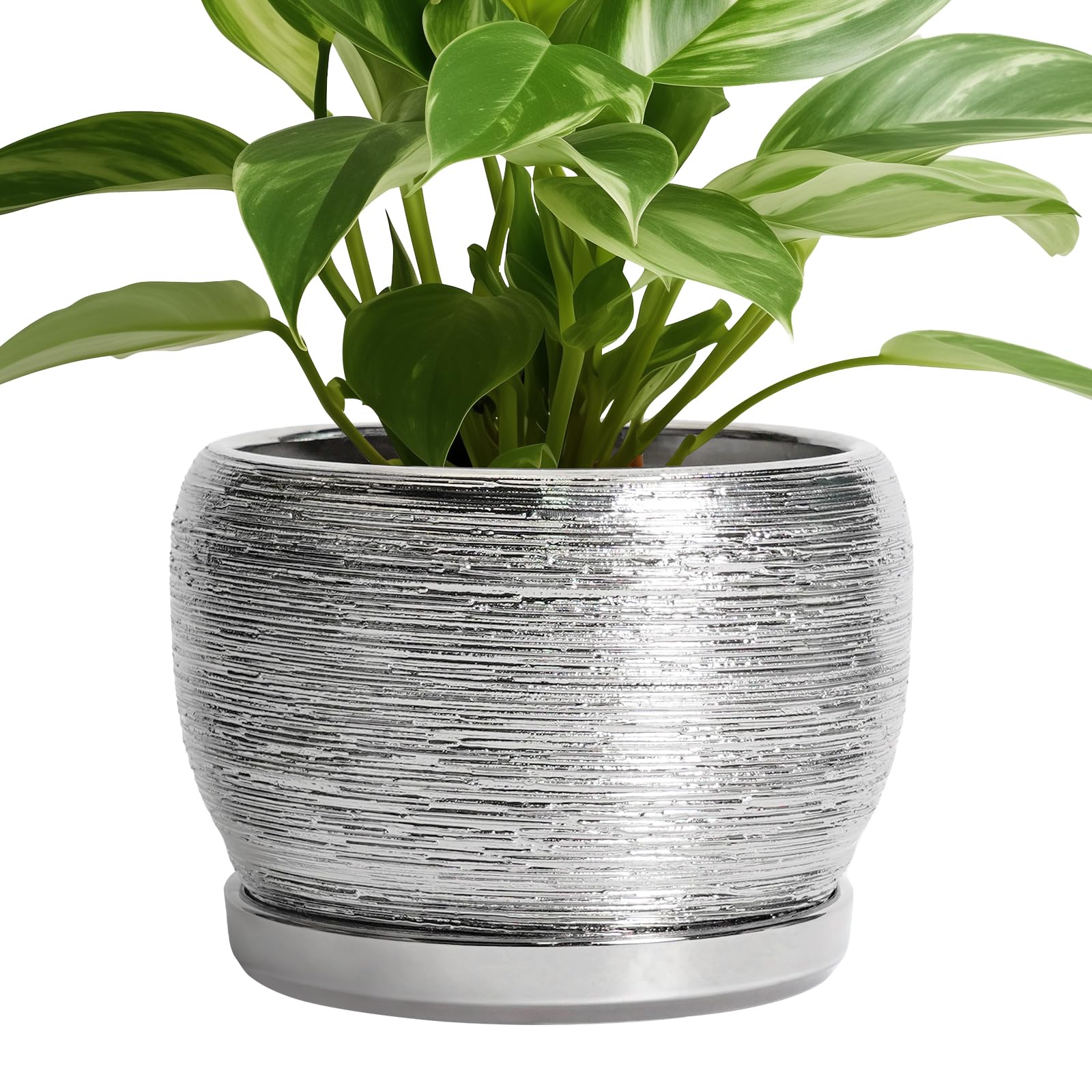 SQOWL Ceramic Planter 8 Inch - Pot for Indoor Outdoor Plants Round Ceramic Plant Pot with Drainage Hole and Saucer Modern Flower Pot Glazed Blue