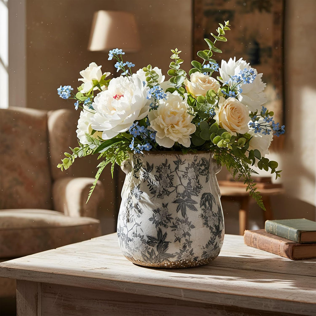Ceramic Scroll Planter 6.5 Inch Chinoiserie Floral Vase with Drainage Holes Vintage Flower Vase Flower Pot Rustic Ceramic Pots for Indoor Plants Garden Home Bookshelf Decor(Retro Gray)