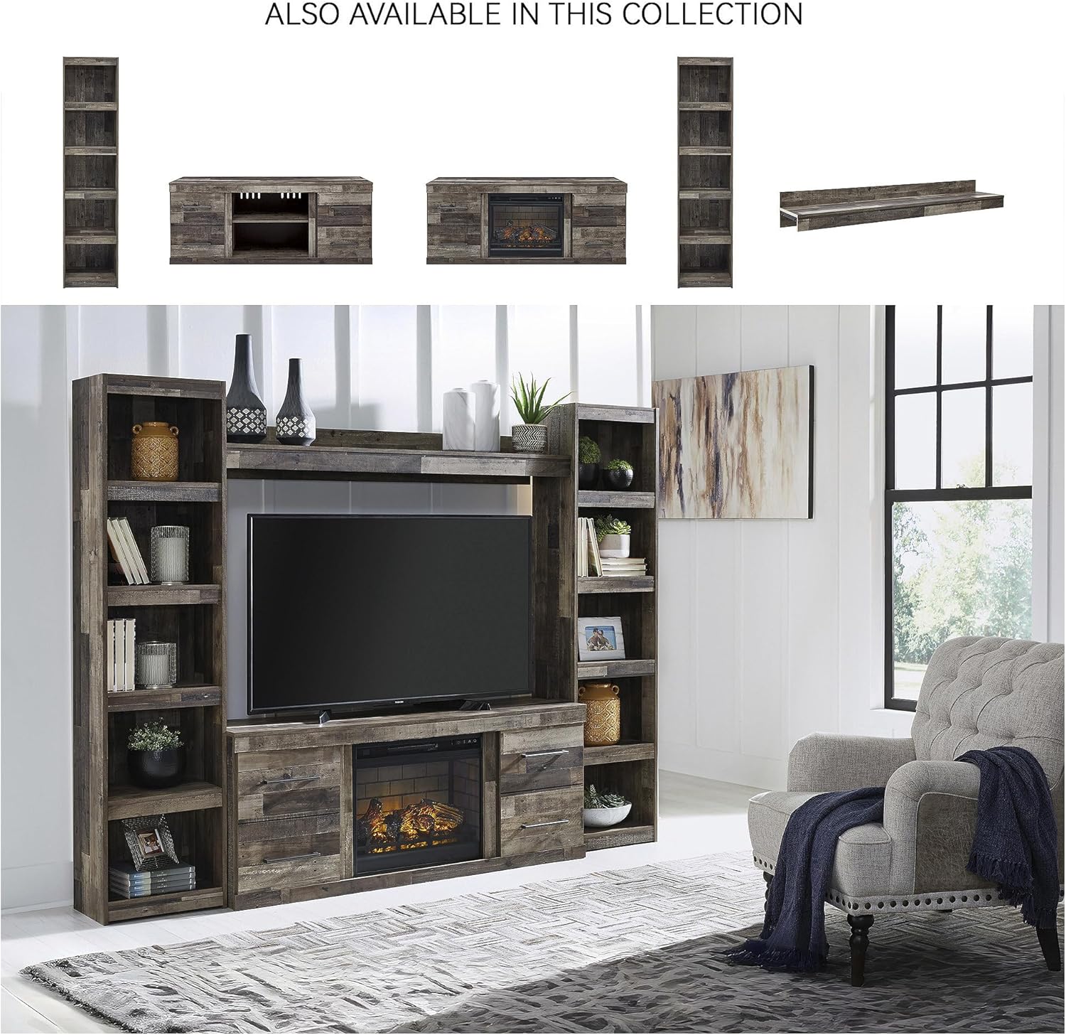 Signature Design by Ashley Derekson Rustic Pine Grain Finished Pier with 3 Adjustable Shelves, Multi Dark Gray