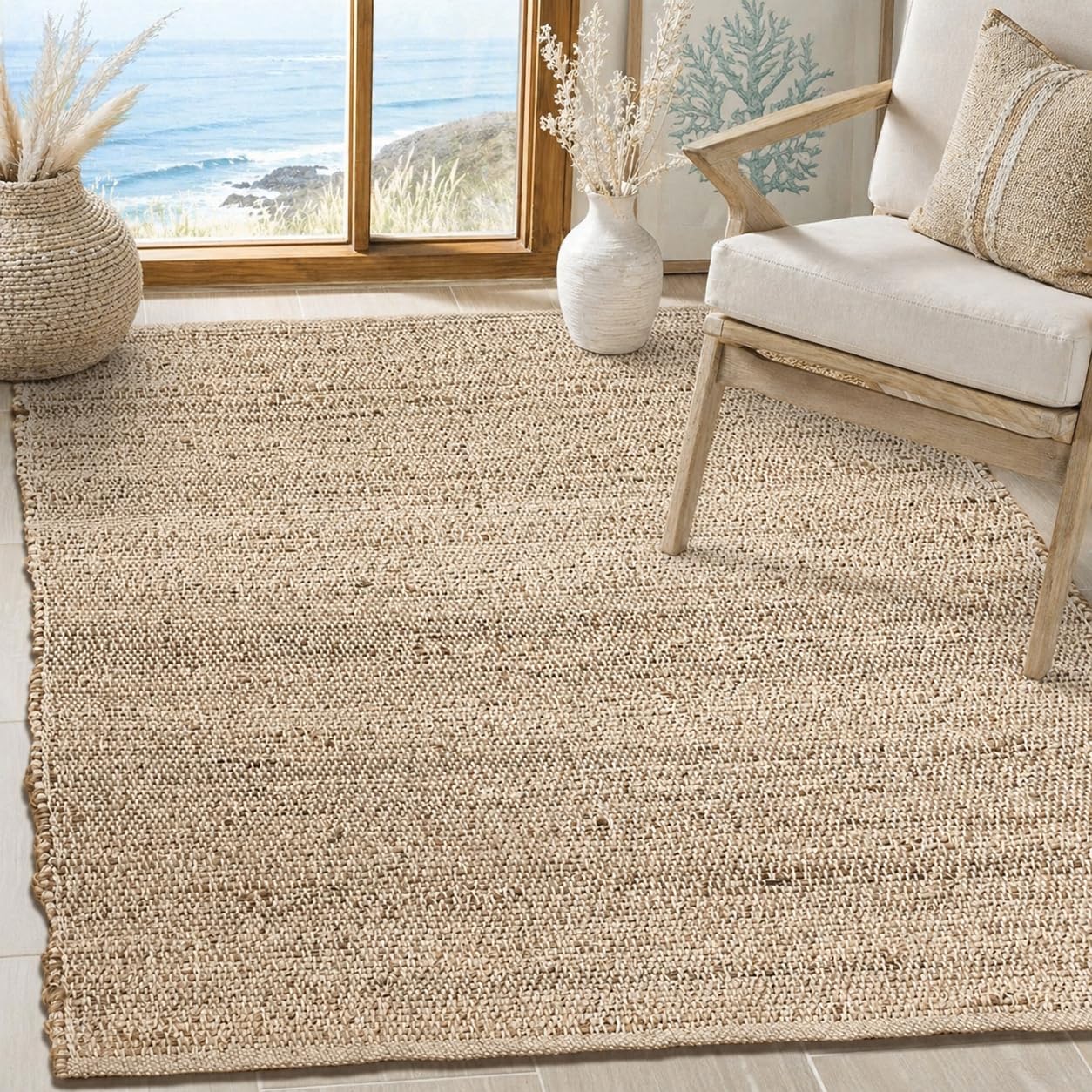 Chardin home 5x7 Jute Cotton Hand Woven Area Rug, Natural Jute Braided Boho Farmhouse Rug, Rustic Vintage Reversible Natural Fiber Rug for Living Room, Bedroom, Dining Room, Office, or Entryway.