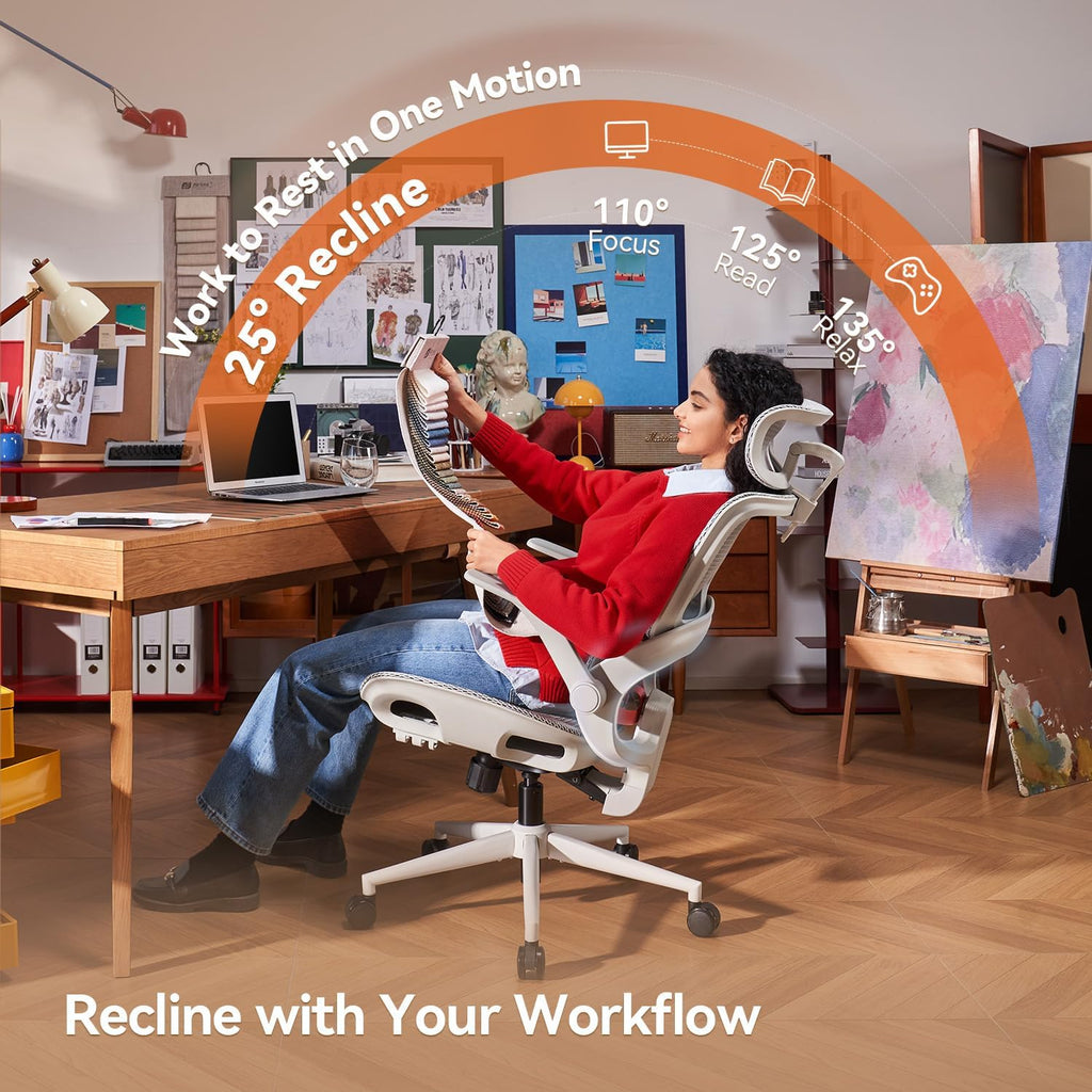 SIHOO B100 Office Chair, Comfy Ergonomic Office Chair, High Back Computer Chair with Adaptive Lumbar Support & Wide Headrest, Flip-up Armrests, Swivel Desk Chair for Long Hours, Grey
