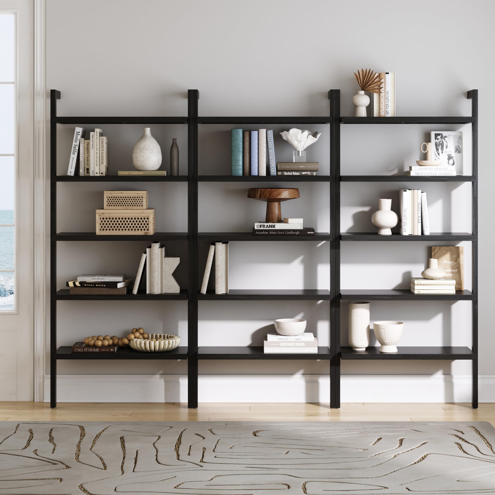 Nathan James Beacon Bohemian 5 Tier Bookshelf, Wall Mounted Bookcase, Solid Wood Bookshelf in Warm Pine