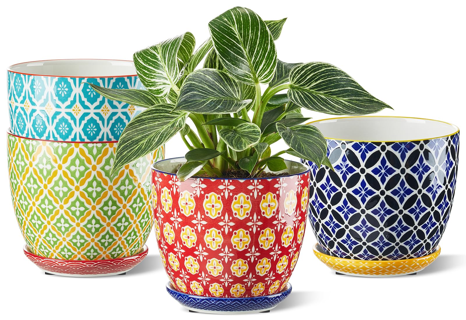 Metahom Ceramic Plant Pots, 4.9 Inch Flower Pots with Drainage Hole & Saucer, Colorful Planter Pots for Houseplants, Succulent, Catus, Home Decor, Set of 4, Vibrant Colors