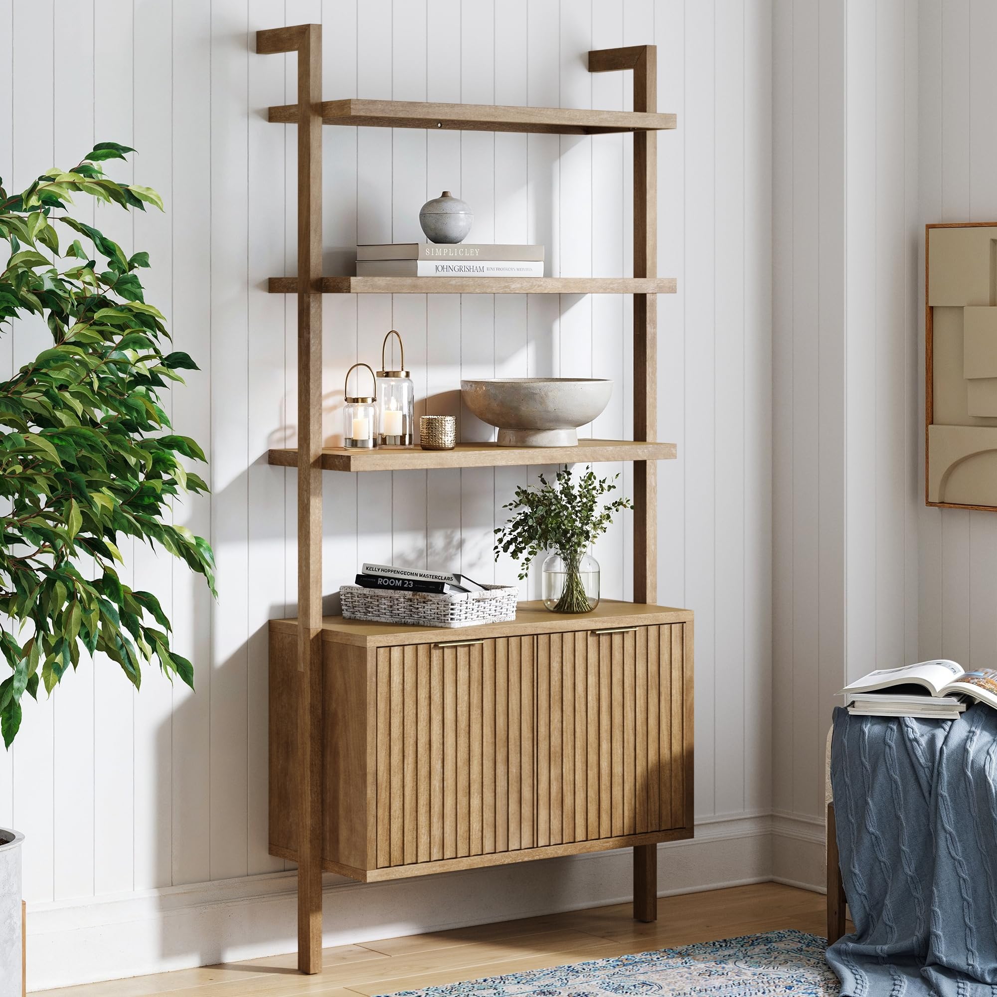 Nathan James Beacon Bohemian 5 Tier Bookshelf, Wall Mounted Bookcase, Solid Wood Bookshelf in Warm Pine