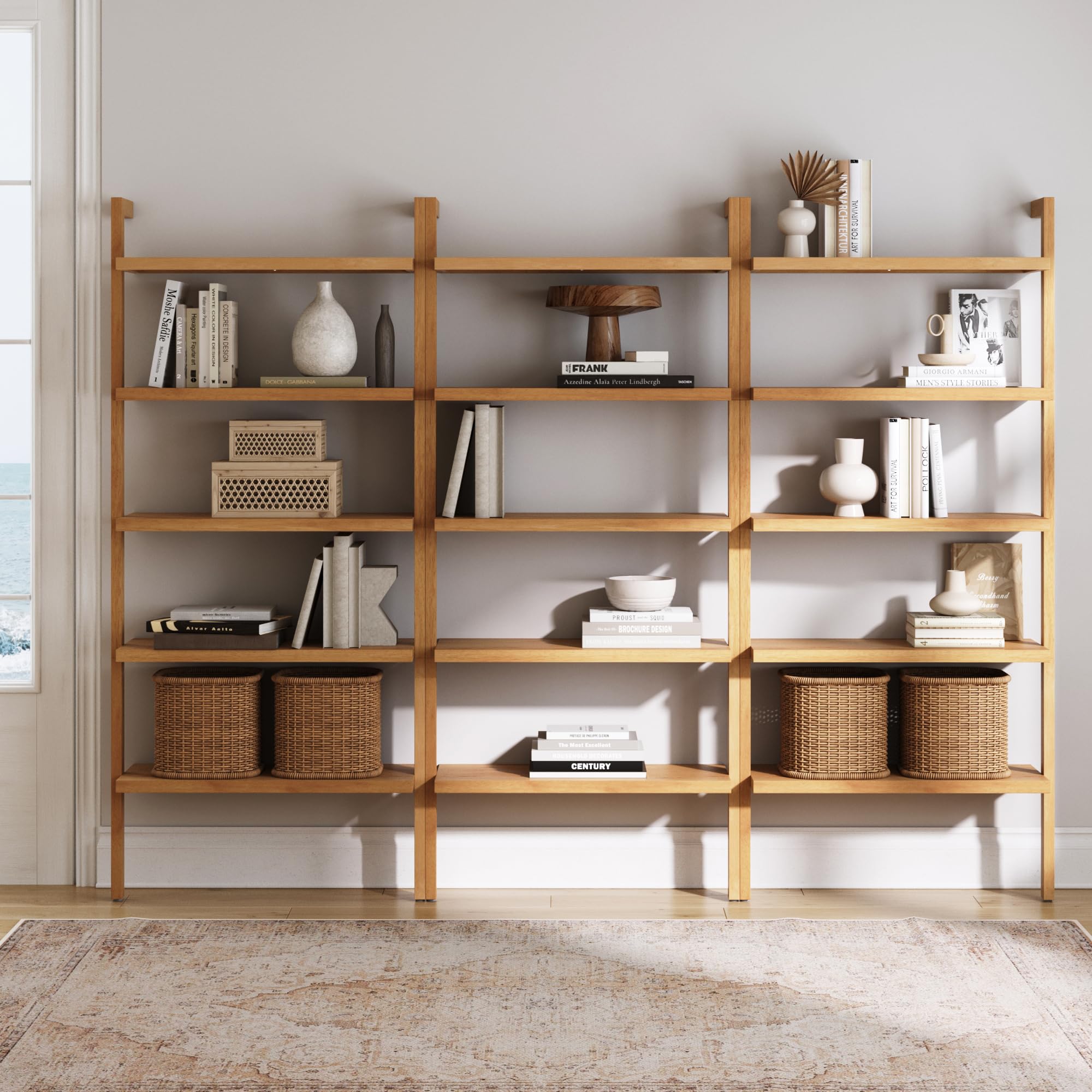 Nathan James Beacon Bohemian 5 Tier Bookshelf, Wall Mounted Bookcase, Solid Wood Bookshelf in Warm Pine