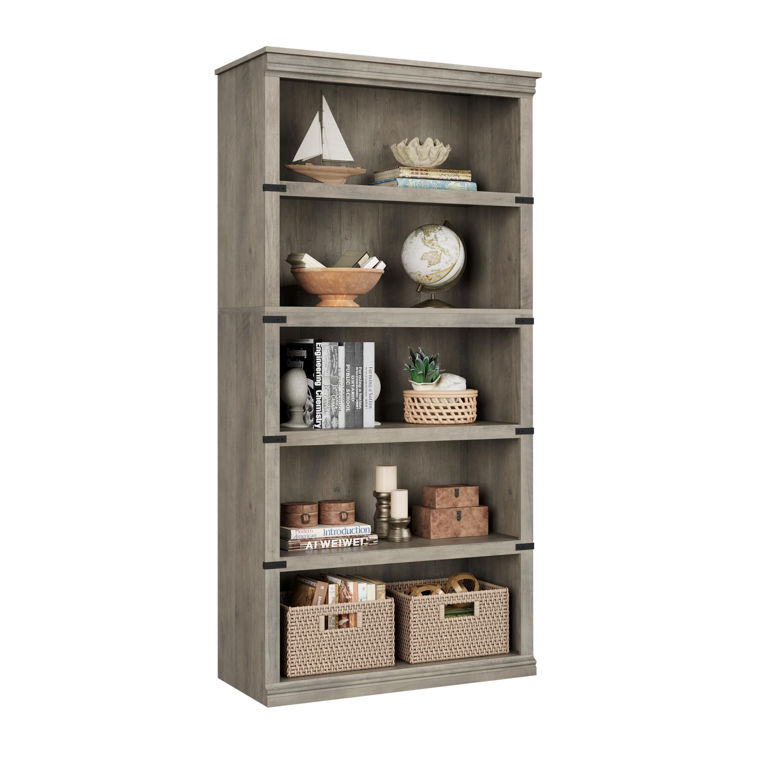 IDEALHOUSE 5 Tier Bookcase, Farmhouse Book Shelf with Storage Open Display Bookshelves, 67.4" Tall Book Case Wooden 5 Shelf Bookcase Home Decor Furniture for Home Office, Living Room- Reddish Brown