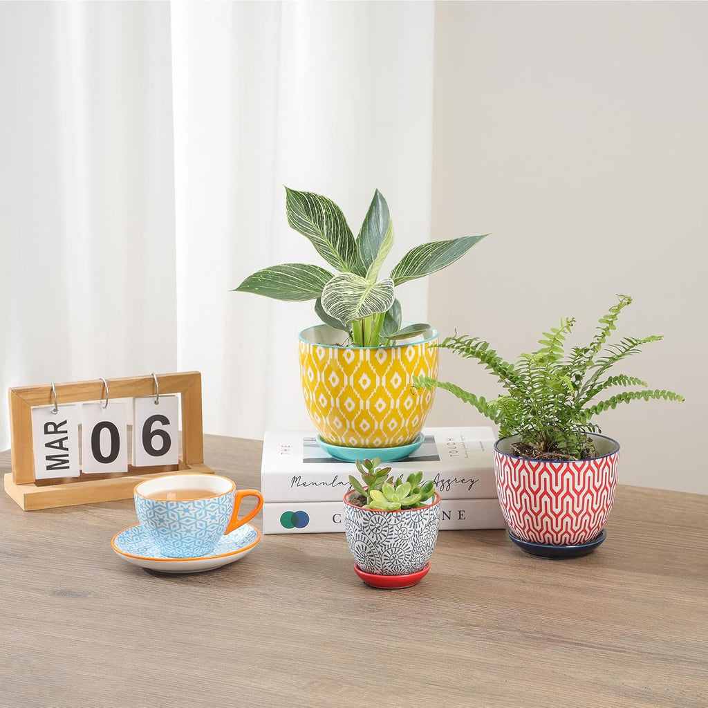 Selamica Ceramic Plant Pots, Indoor Flower Pots for Indoor Plants, 3.5+4.6+5.5 Planters with Drainage Hole & Saucer, Set of 3, Home Decor, Assorted Colors