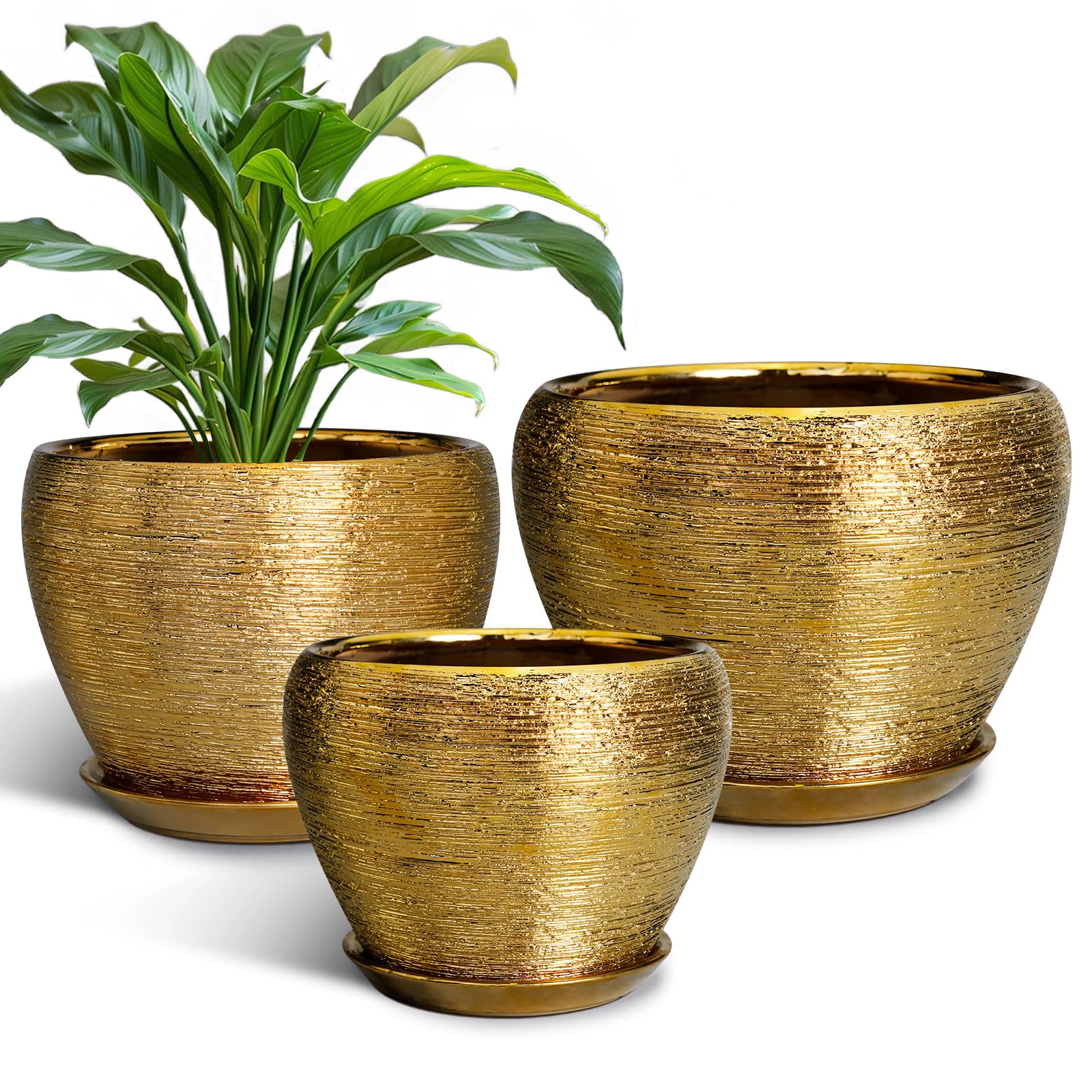 Ceramic Plant Pots Indoor, 10 Inch 8 Inch 6 Inch Round Planters Pots for Indoor Outdoor Plants, Modern Large Flower Pots with Drainage Holes and Saucers, Set of 3, Blue