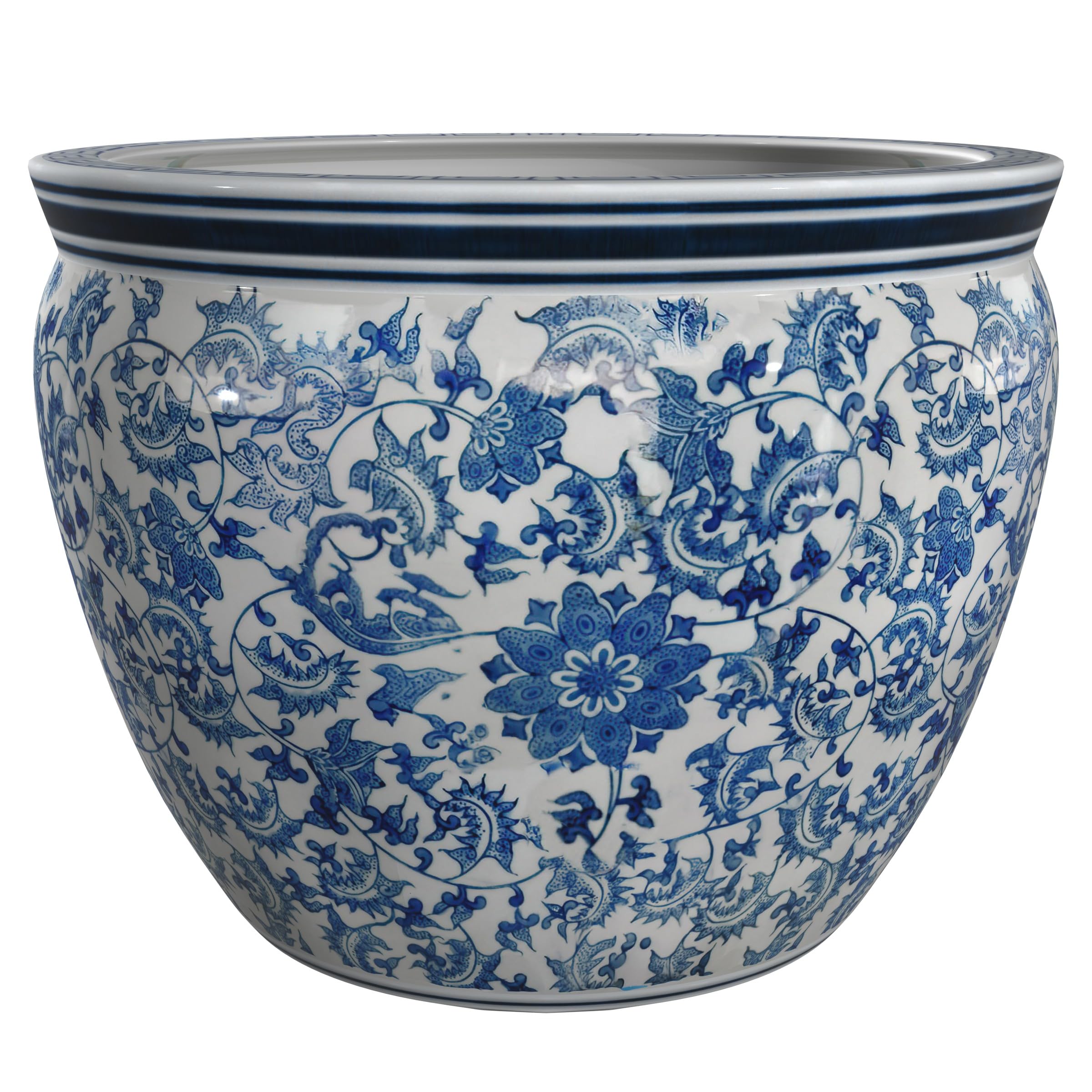 Red Lantern 12" Ladies Blue & White Porcelain Fishbowl Planter or Cachepot for Indoor/Outdoor Use in Garden Entryway Living Room Boho Eclectic Modern Contemporary Classic Traditional Style Decor