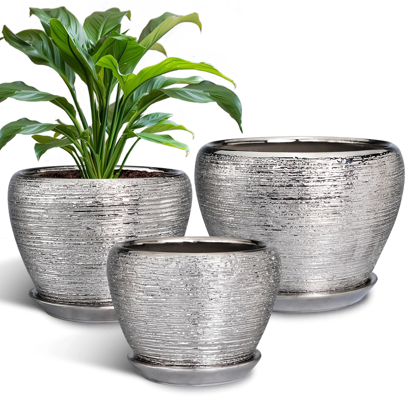 Ceramic Plant Pots Indoor, 10 Inch 8 Inch 6 Inch Round Planters Pots for Indoor Outdoor Plants, Modern Large Flower Pots with Drainage Holes and Saucers, Set of 3, Blue