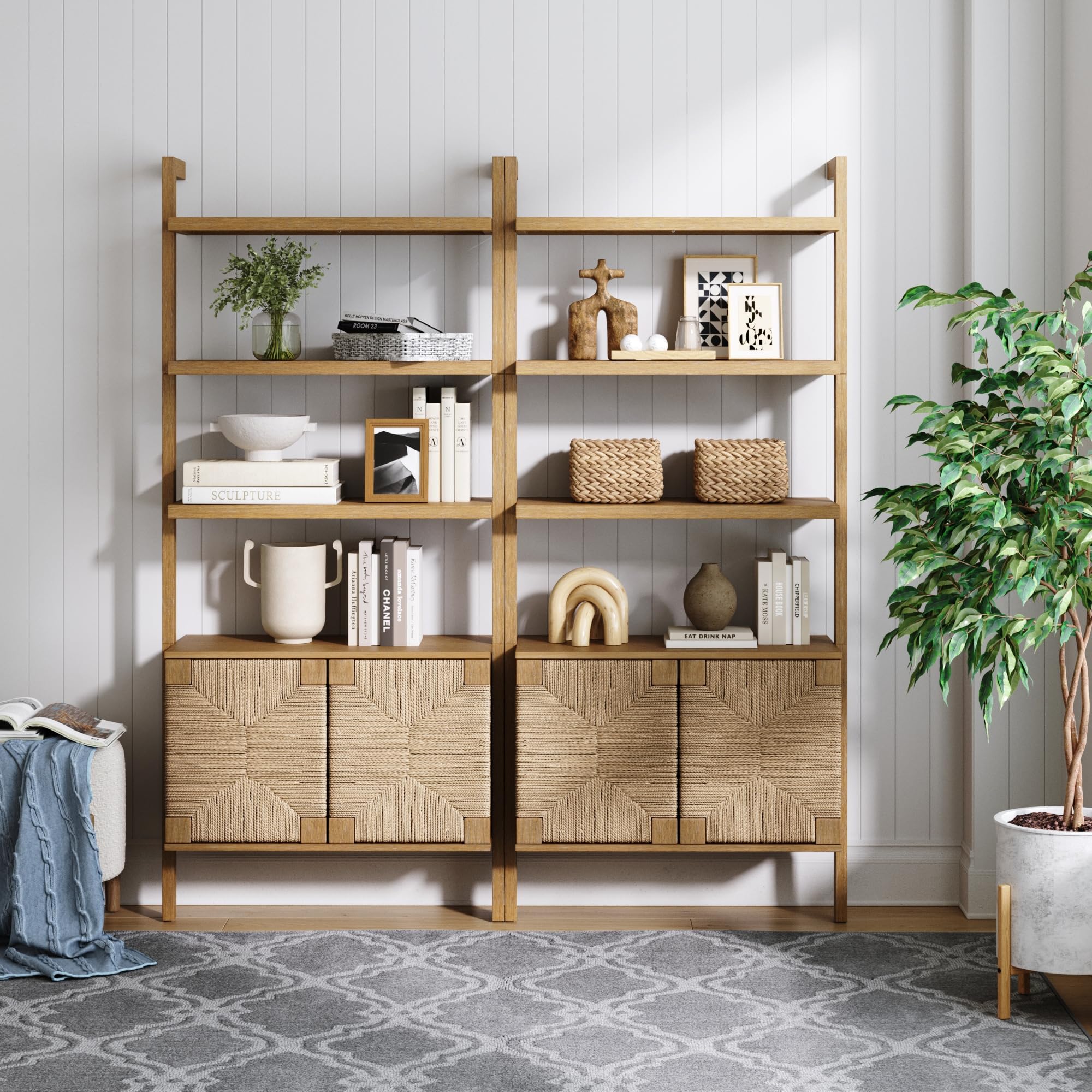 Nathan James Beacon Bohemian 5 Tier Bookshelf, Wall Mounted Bookcase, Solid Wood Bookshelf in Warm Pine