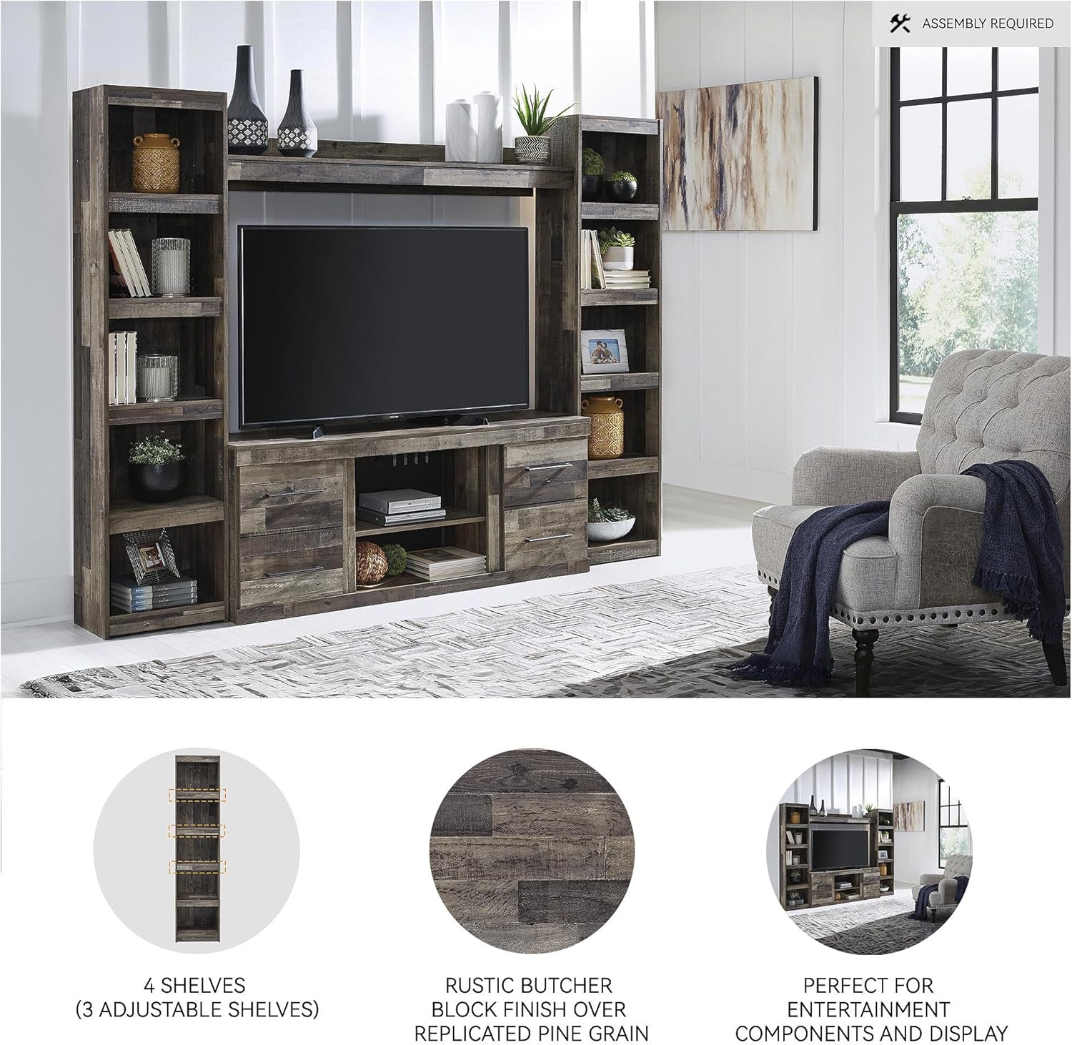Signature Design by Ashley Derekson Rustic Pine Grain Finished Pier with 3 Adjustable Shelves, Multi Dark Gray