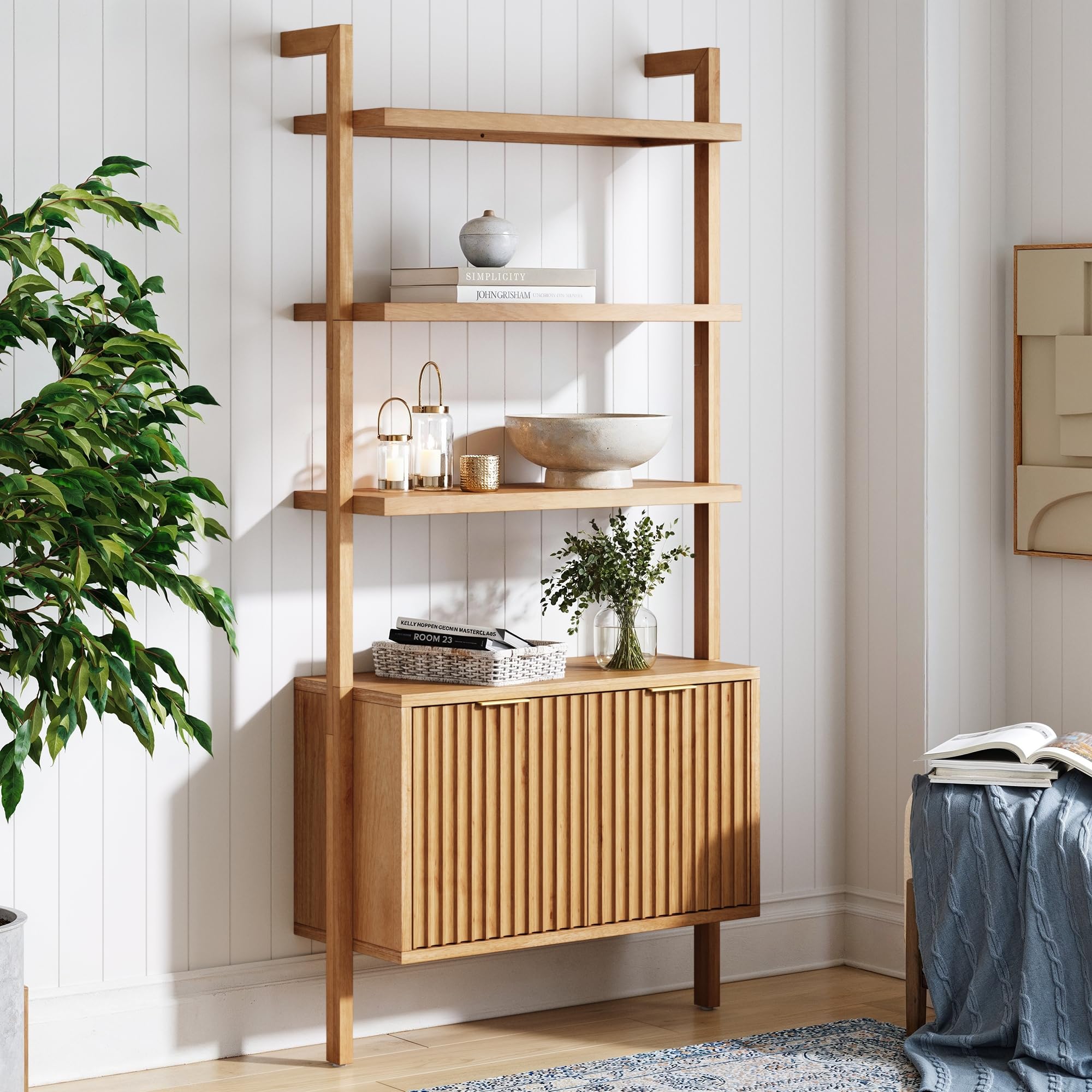 Nathan James Beacon Bohemian 5 Tier Bookshelf, Wall Mounted Bookcase, Solid Wood Bookshelf in Warm Pine