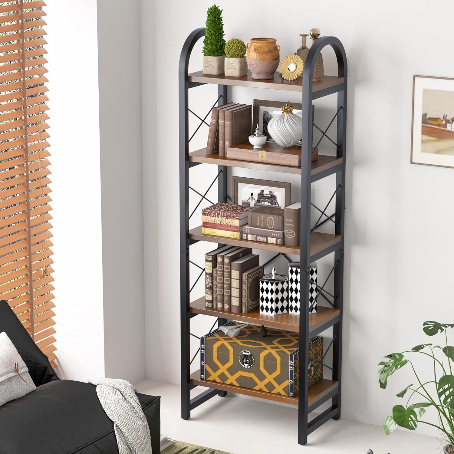 Rustic Pine 5-Tier Bookshelf, 66.1"H x 23.6"W x 13.4"D Industrial Standing Open Etagere Bookcase with Adjustable Feet, Heavy Duty Storage Shelf for Living Room, Bedroom, Office (Vintage Brown)