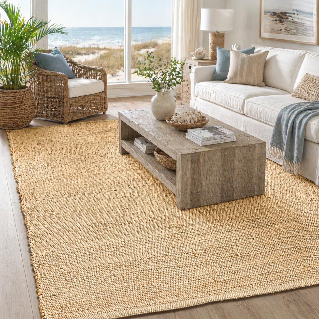 Chardin home 5x7 Jute Cotton Hand Woven Area Rug, Natural Jute Braided Boho Farmhouse Rug, Rustic Vintage Reversible Natural Fiber Rug for Living Room, Bedroom, Dining Room, Office, or Entryway.