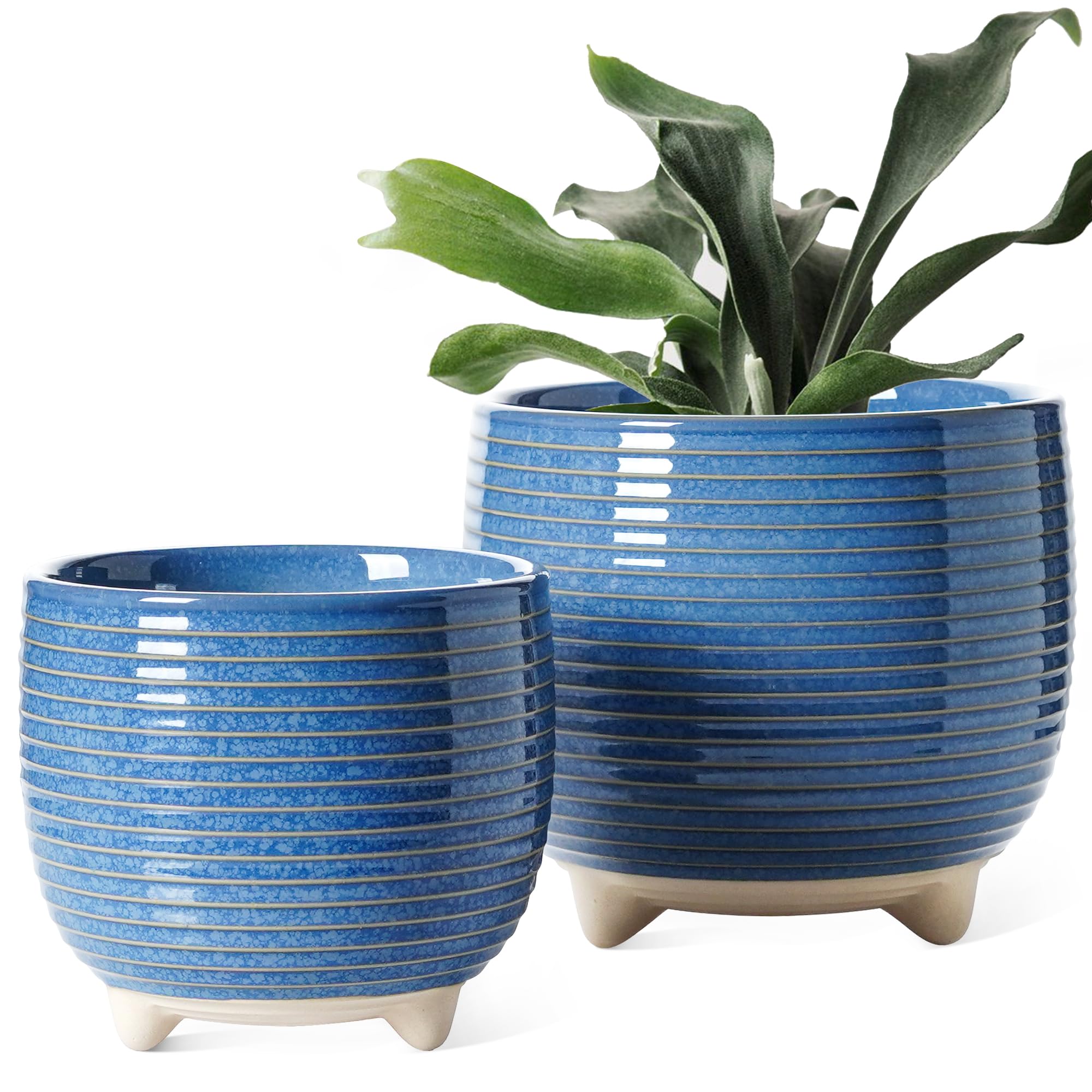 LE TAUCI Ceramic Plant Pots, 5.1 + 6.4 Inch Footed Pots for Plants, Modern Flower Pots for Home and Office, Indoor Planters with Drainage, Reactive Glaze White