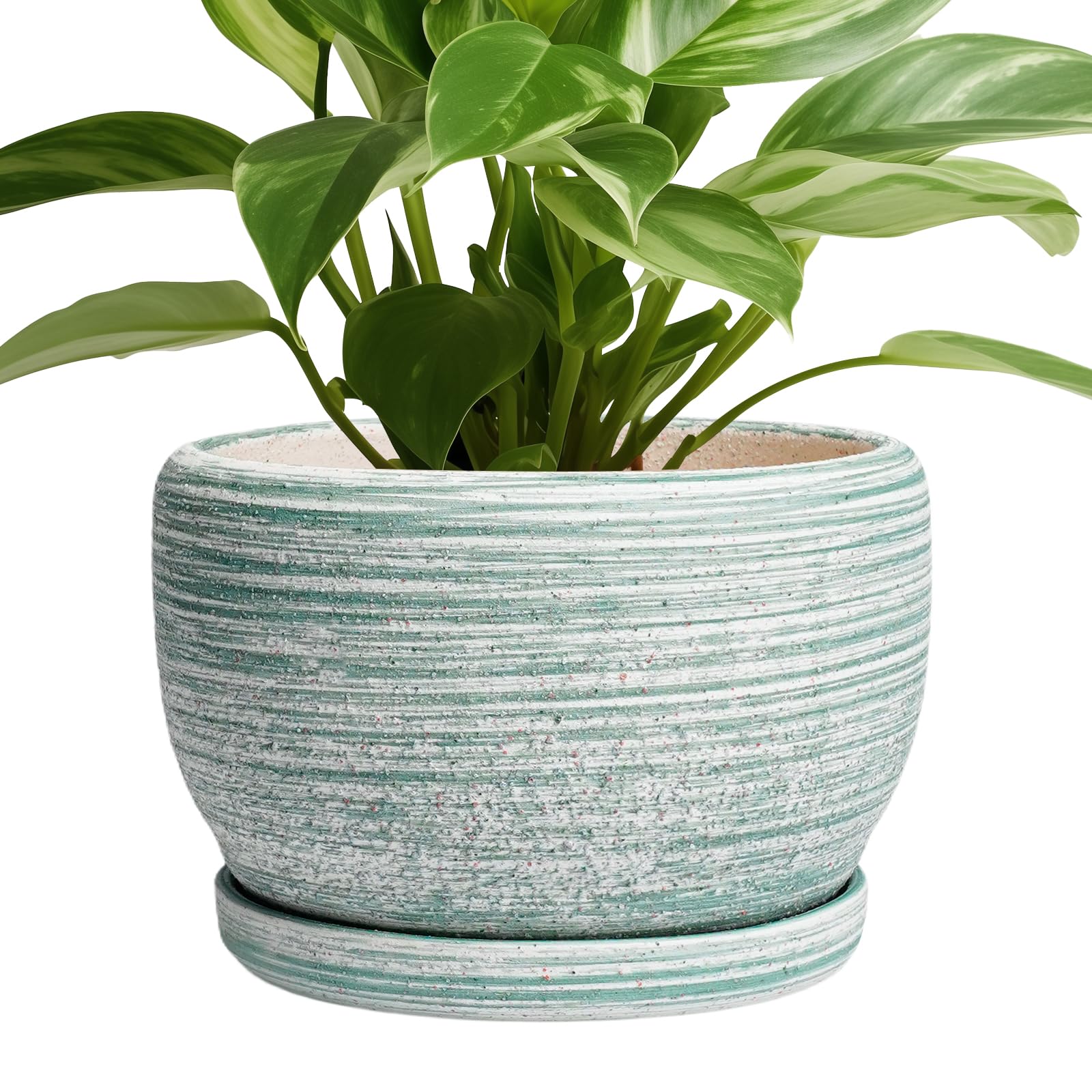 SQOWL Ceramic Planter 8 Inch - Pot for Indoor Outdoor Plants Round Ceramic Plant Pot with Drainage Hole and Saucer Modern Flower Pot Glazed Blue