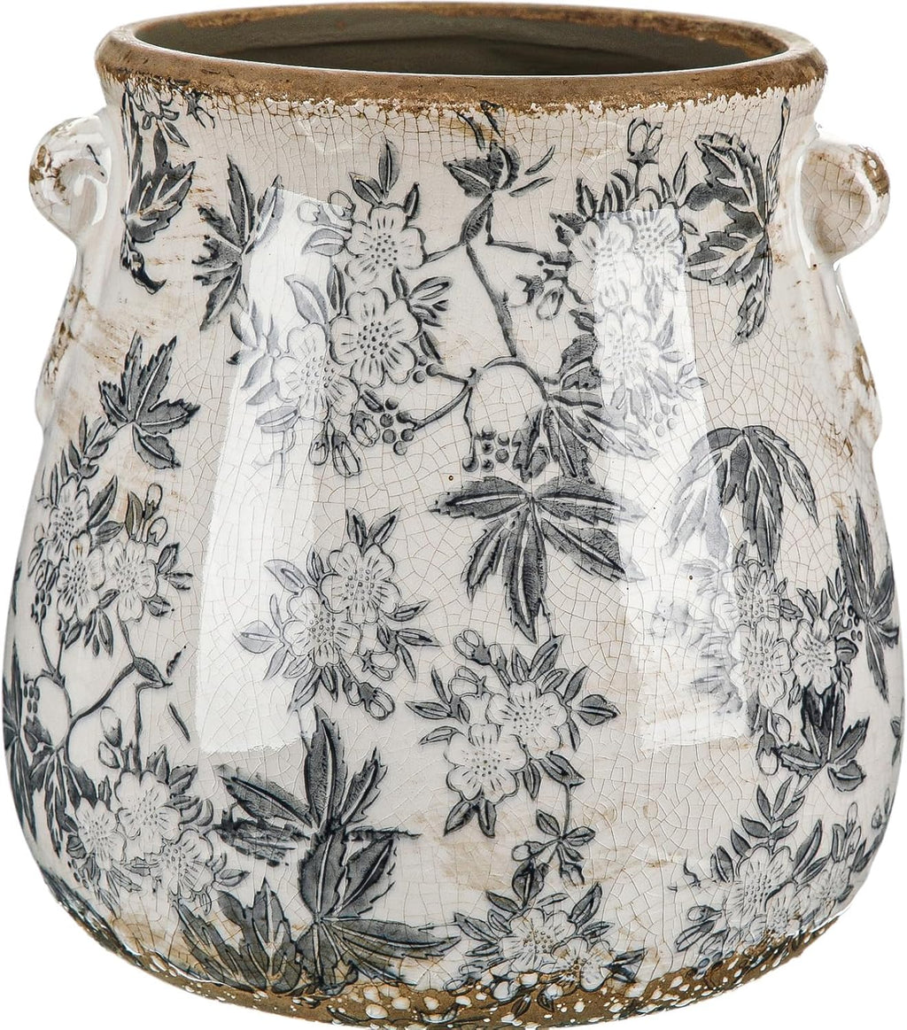 Ceramic Scroll Planter 6.5 Inch Chinoiserie Floral Vase with Drainage Holes Vintage Flower Vase Flower Pot Rustic Ceramic Pots for Indoor Plants Garden Home Bookshelf Decor(Retro Gray)