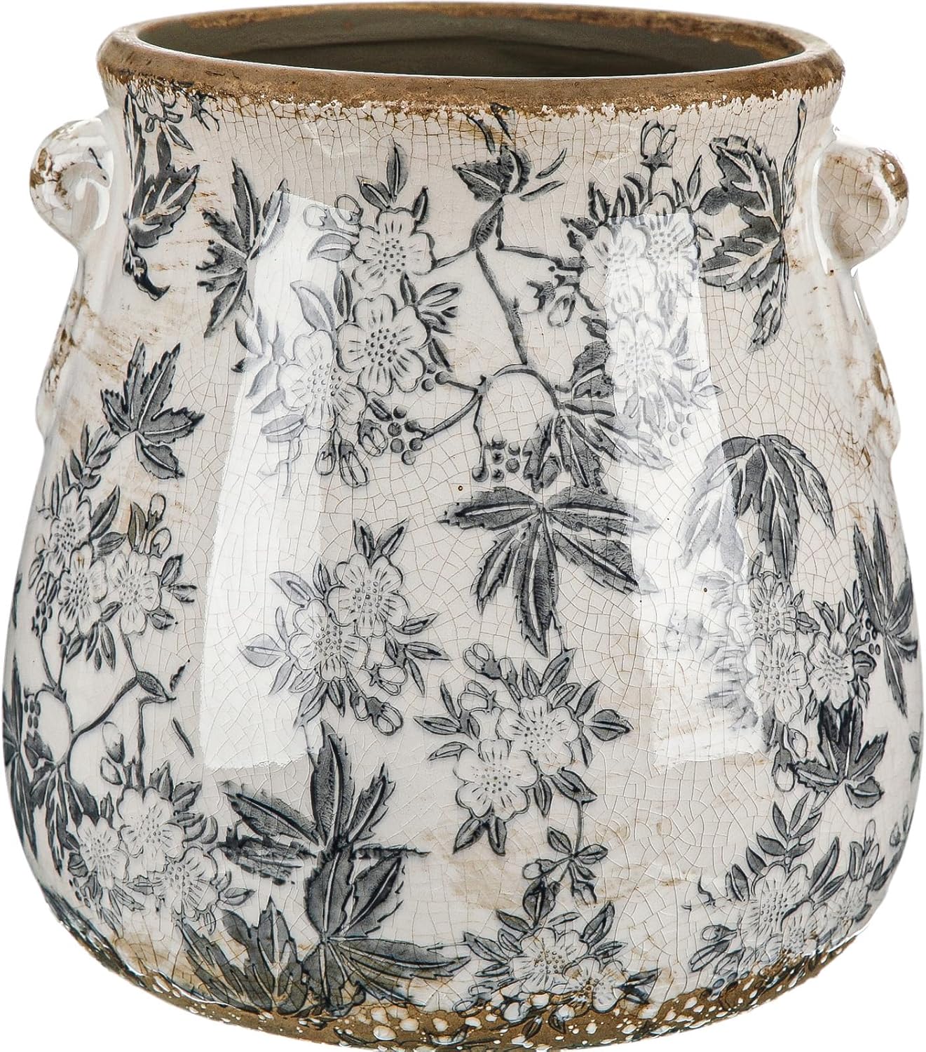Ceramic Scroll Planter 6.5 Inch Chinoiserie Floral Vase with Drainage Holes Vintage Flower Vase Flower Pot Rustic Ceramic Pots for Indoor Plants Garden Home Bookshelf Decor(Retro Gray)