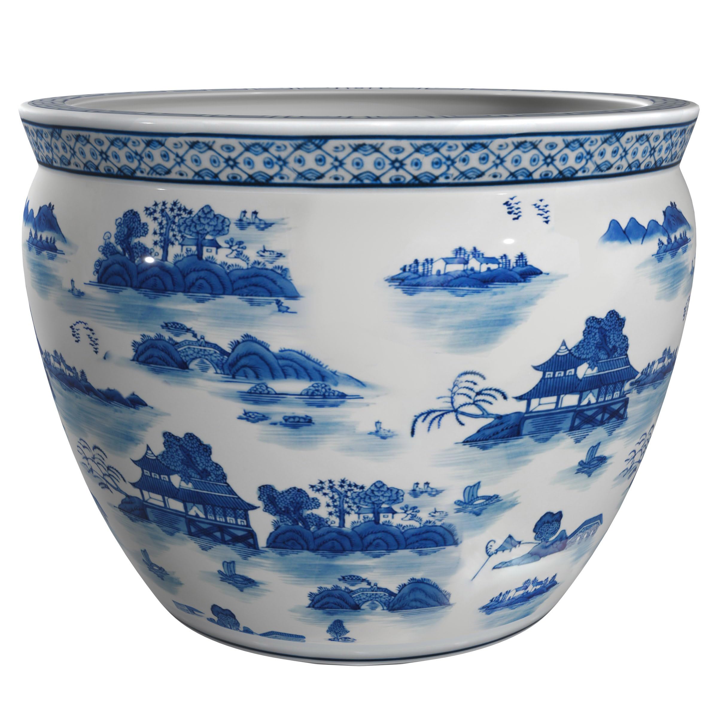 Red Lantern 14" Floral Blue & White Porcelain Fishbowl Planter or Cachepot for Indoor/Outdoor Use in Garden Entryway Living Room Boho Eclectic Modern Contemporary Classic Traditional Style Decor