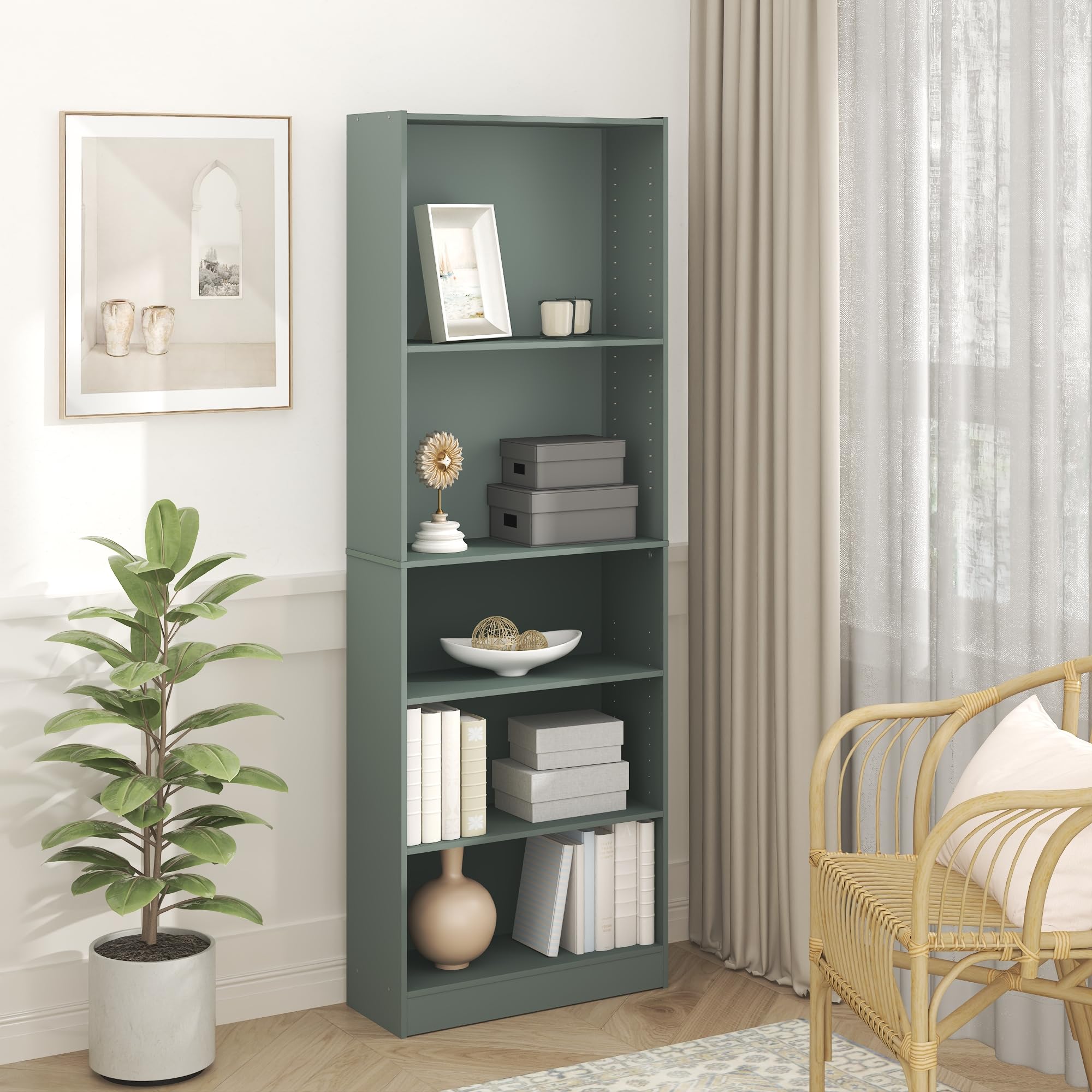 Furinno JAYA Book Shelf, 5-Tier Bookshelf, Bookcase with Adjustable Shelves, 9.5" x 24.5" x 71.2", for Organization and Storage, for Living Room, Bedroom, Home Office, Amber Pine