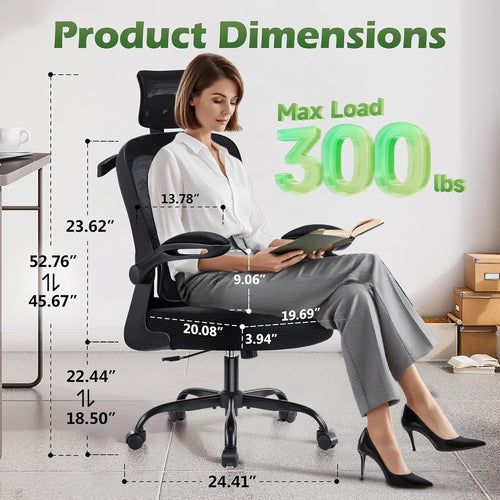 AreShark Office Chair Ergonomic Desk Chairs with Adjustable Lumbar Support& Headrest Hanger, High Back Breathable Mesh Chair with Wheels, Rolling Swivel Comfy Task Computer Chair for Home Work Gaming