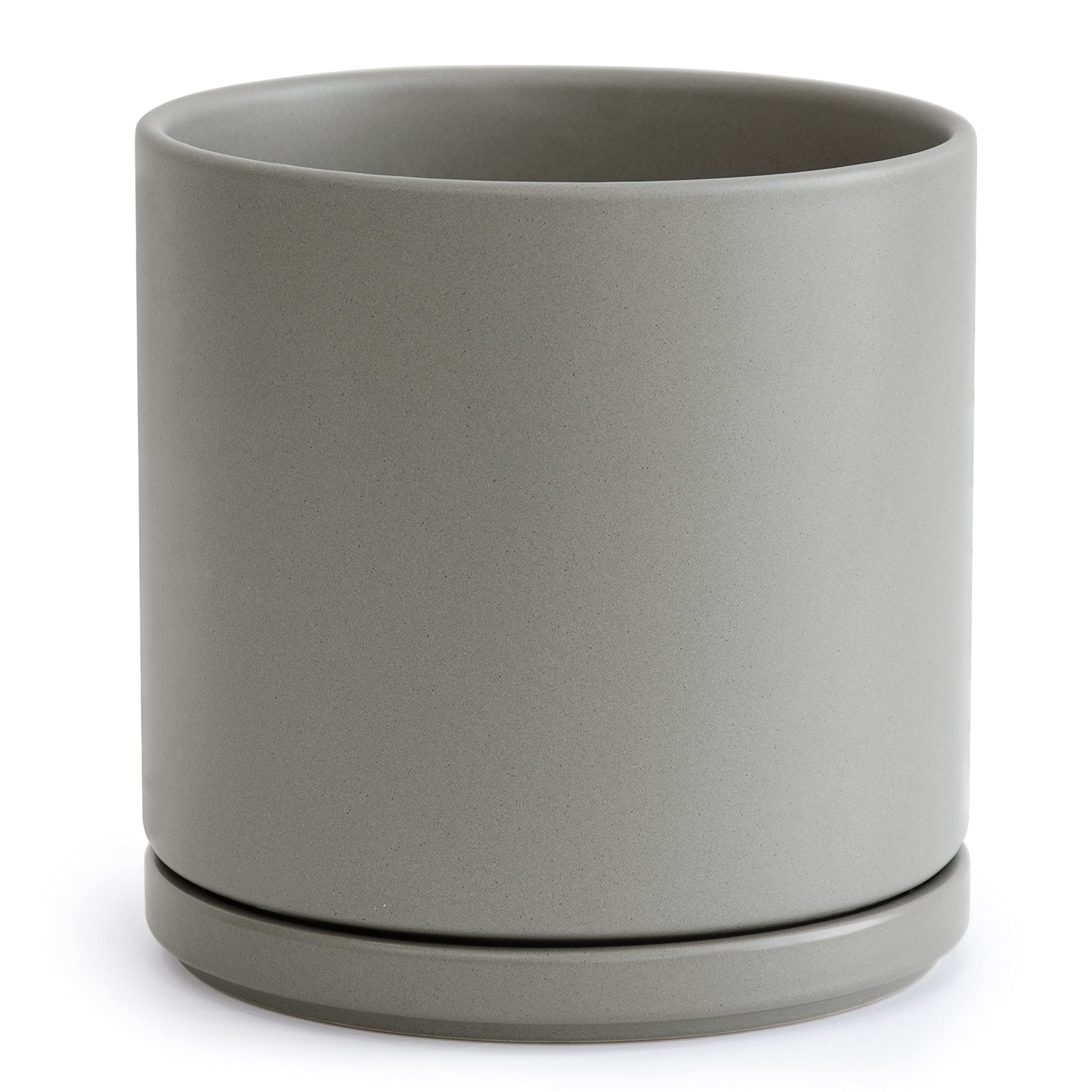 D'vine Dev 10 Inch Ceramic Planter Pot with Drainage Hole and Saucer, Indoor Cylinder Round Planter Pot, White, 94-O-E-1