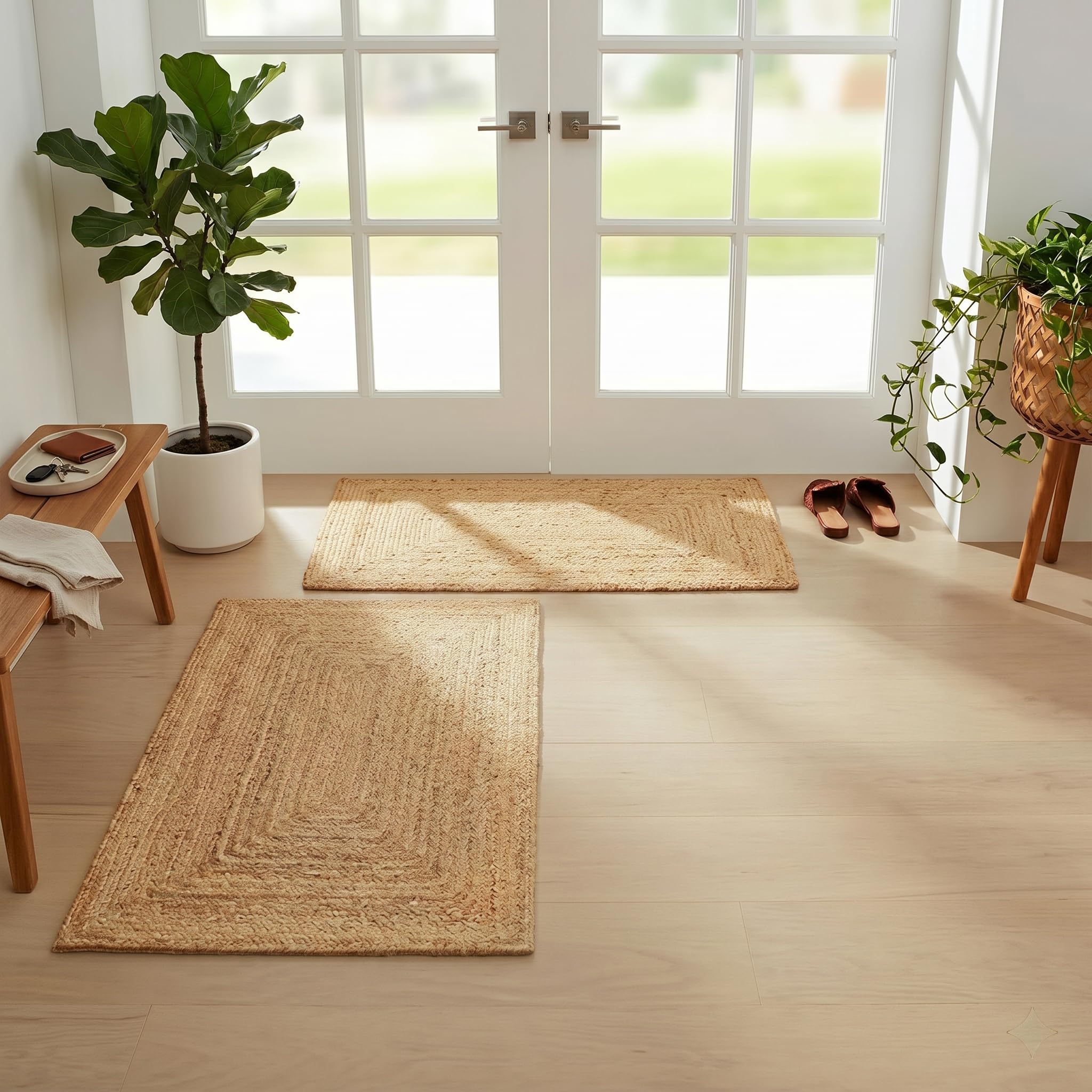 FRELISH DECOR Handwoven Jute Area Rug - 2x3 feet - Natural Yarn - Rustic Vintage Beige Braided Reversible Rug - Eco Friendly Rugs for Bedroom - Kitchen - Living Room - Farmhouse (2'x3')