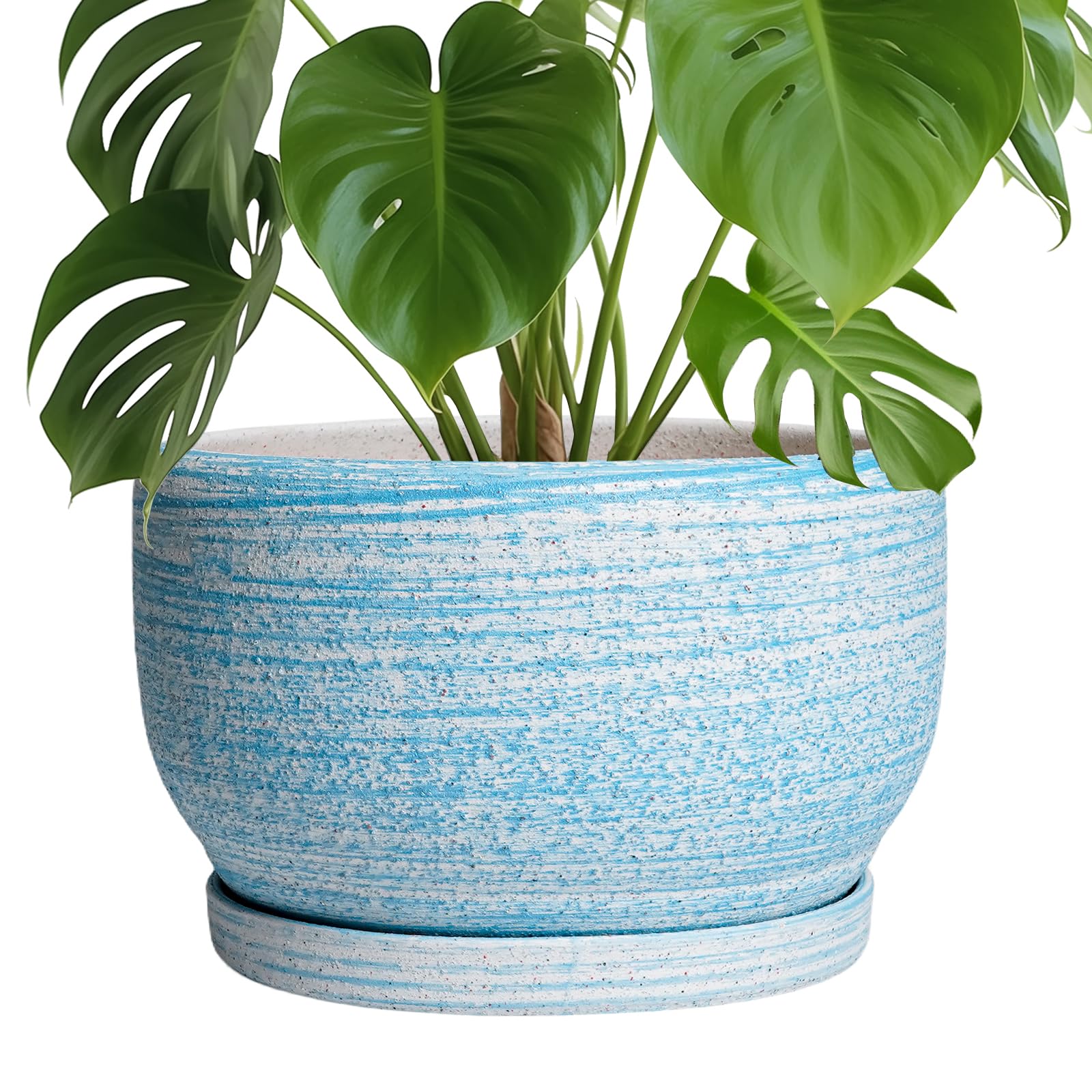 SQOWL Ceramic Planter 8 Inch - Pot for Indoor Outdoor Plants Round Ceramic Plant Pot with Drainage Hole and Saucer Modern Flower Pot Glazed Blue
