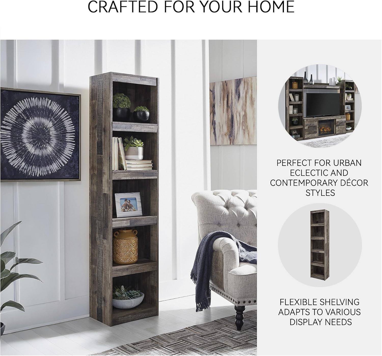 Signature Design by Ashley Derekson Rustic Pine Grain Finished Pier with 3 Adjustable Shelves, Multi Dark Gray